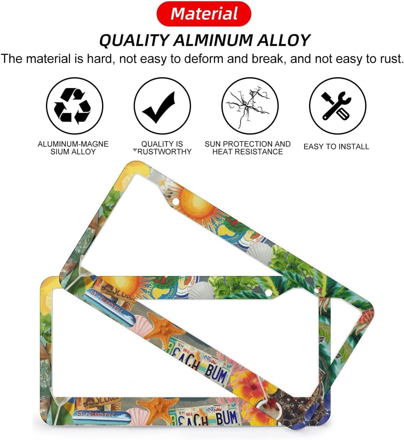 Summer Beach License Plate Frames - 2 Pcs Set 2 Holes Metal Aluminum Auto Car Accessories Decoration License Plate Frame 12.2 x 6.3 inch for Women Men Gift