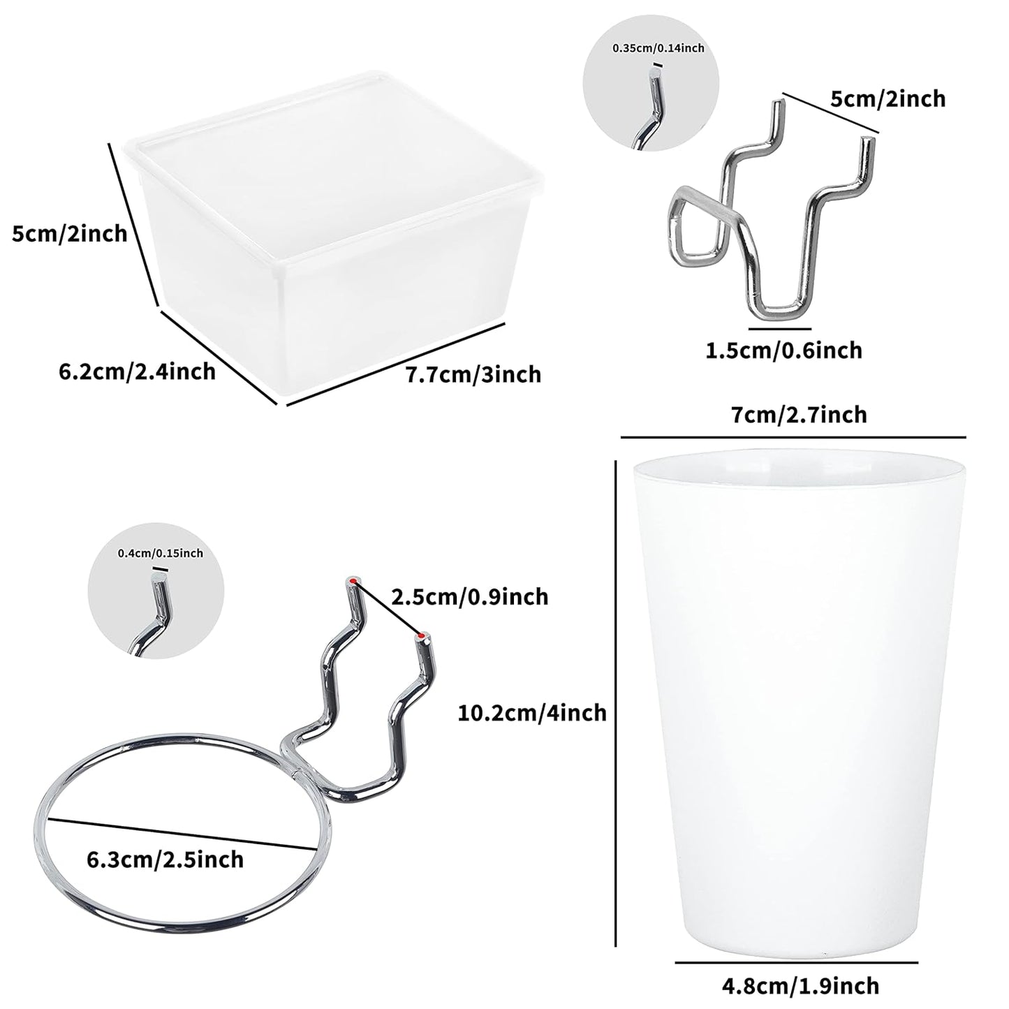6 Sets Pegboard Bins Cups with Hooks Loops, Pegboard Hooks Assortment, Hooks for Pegboard Cup Holder for Tools Accessory Storage Organizer for Office Workshop Garage Workbench White