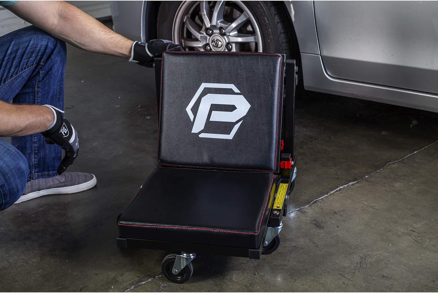 Powerbuilt 2-in-1 Rolling Creeper Seat Converts from High to Low Roller Seat, Fast, Tool-Free Conversion, Garage, Shop, Brake Jobs, Washing, Detailing, Maintenance, Thick Pad, 3-in. Casters - 240298