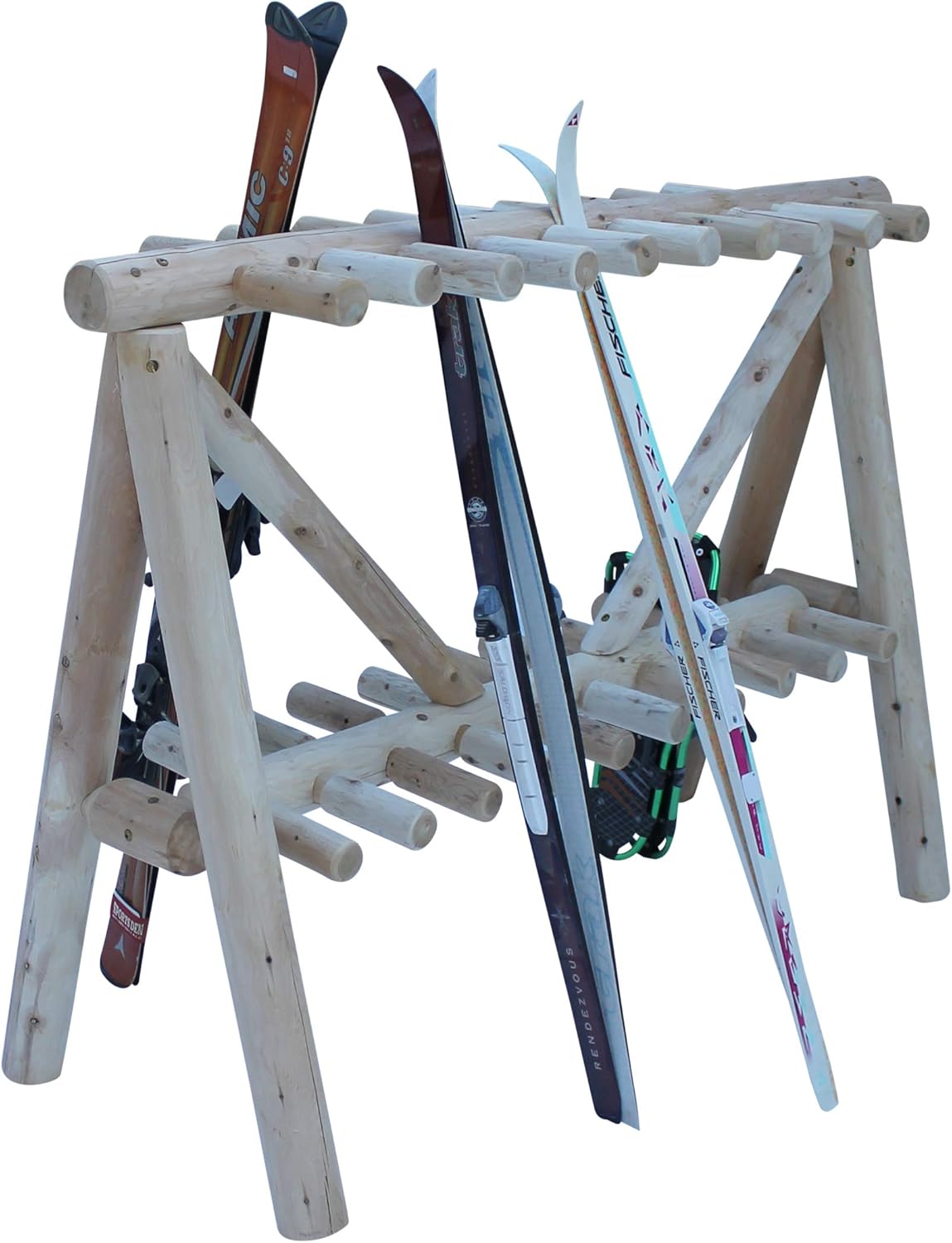 21-Place Freestanding Log Ski Rack Holder, Indoor & Outdoor Snowboard Racks, Standing Storage, Garage Racks for Snow Skis & Poles, Durable Snowboard Rack Garage Storage Organizer - Natural