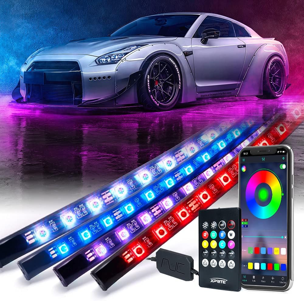 Xprite 4Pcs Underglow LED Lights for Cars, 8 Color RGB 252 LEDs Sound Active Function Music Mode Underglow Kit, Bluetooth APP & Remote Control, Waterproof Underbody Neon Strip Light for Car SUV Truck