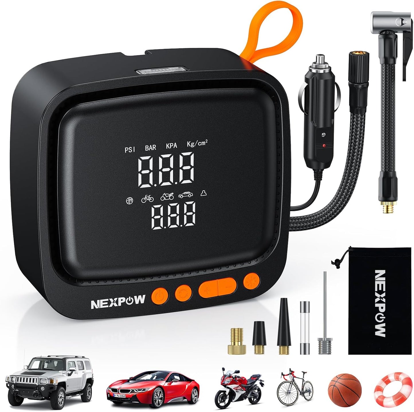 Tire Inflator Portable Air Compressor, NEXPOW 150PSI 12V DC Air Pump with Dual Digital Pressure Gauge & Auto Shut-Off, Air Compressor Portable with LED Light for Car, Motorcycle, Bicycle, Ball, Orange