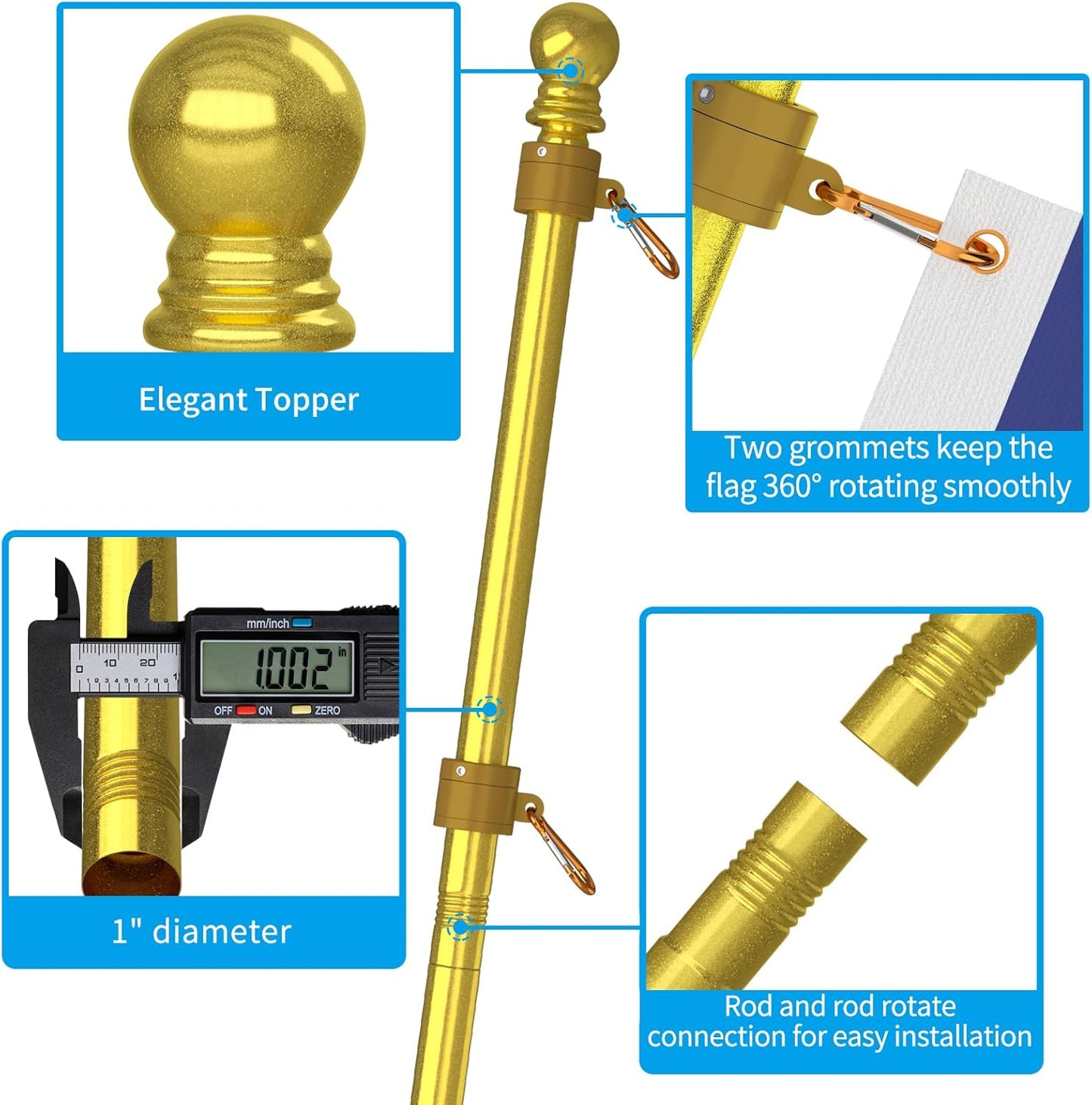 ZMTECH Flag Pole - Upgraded Bracket, (2 Packs) 6 FT Stainless Steel Flag Poles for Outside House, Residential or Commerical, Tangle Free Flag Pole Kit for American Flag (Without Flag, Gold)