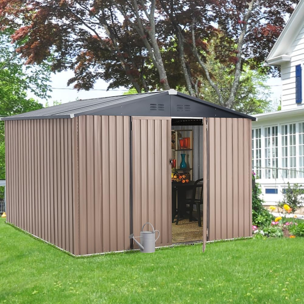 U-MAX 8' x 10' Shed Outdoor Storage Shed Clearance, Extra Large Yard Steel Metal Garden Shed with Design of Lockable Doors, Tool and Utility Storage for Backyard, Garden, Patio, Outside use in Taupe