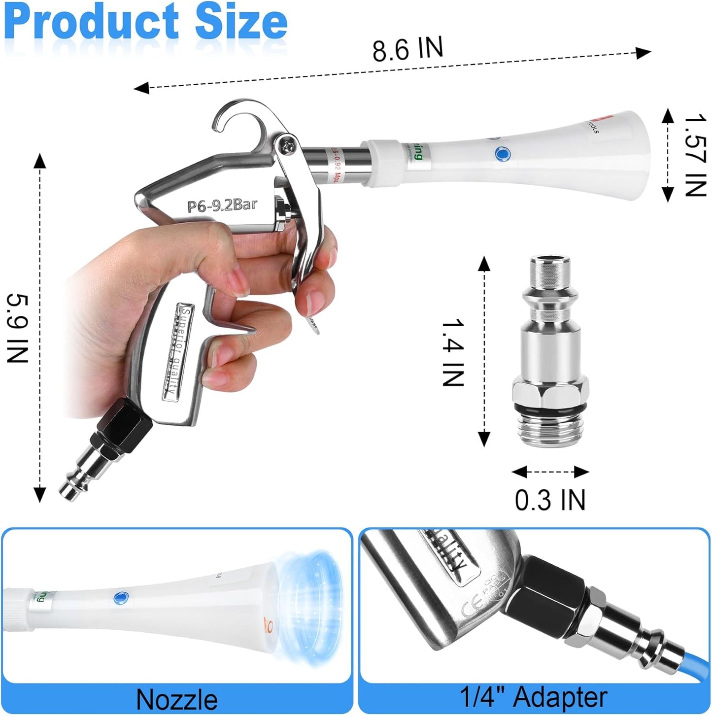 Air Blow Gun Car Detailing Dry Cleaning Air Gun with Tapered Nozzle High Pressure Car Cleaning Tool, Car Dryer Air Blower for Car Surfaces Quickly Blasts Dust, Works with Air Compressor