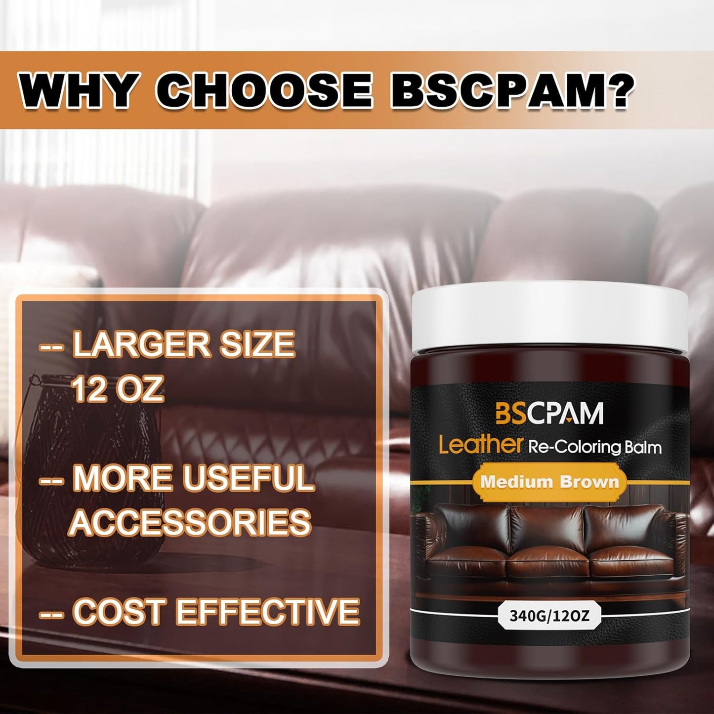 Medium Brown Leather Recoloring Balm, 12oz Leather Color Restorer for Couches, Leather Repair Kit for Furniture, Leather Dye for Leather Fade, Leather Repair Restore car seat