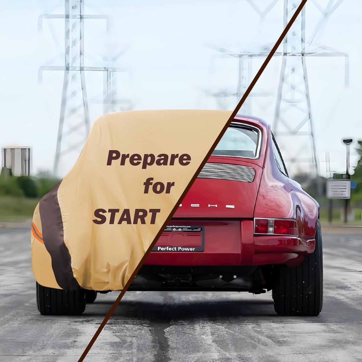 Car Cover Waterproof All Weather Compatible with Chevy Corvette C4 C5 C6 C7 C8, Outdoor Anti-UV Sun Rain Protection Full Exterior Cover (Camel with Brown)