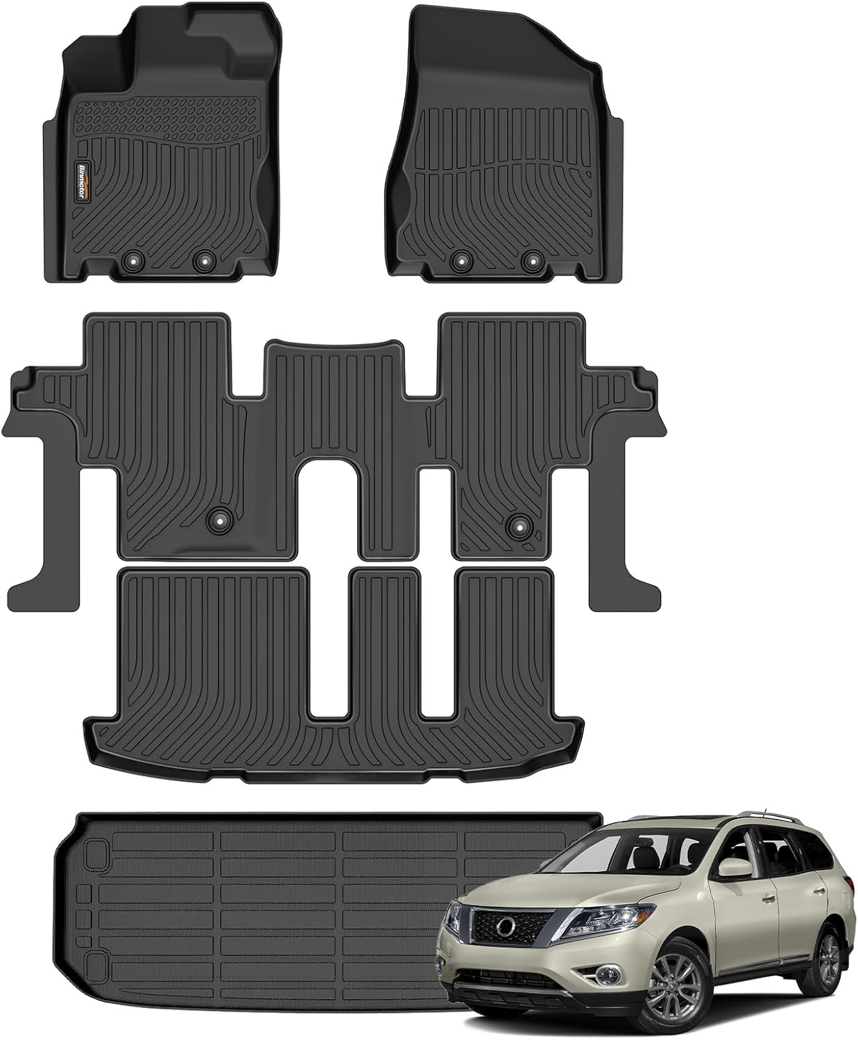 Binmotor-All Weather Floor Mats Cargo Liner Set for for Nissan Pathfinder 2013-2021丨2014-2020 Infiniti QX60丨2013 JX35, 3 Rows with Cargo Trunk Mat, Car Mats Pathfinder Accessories