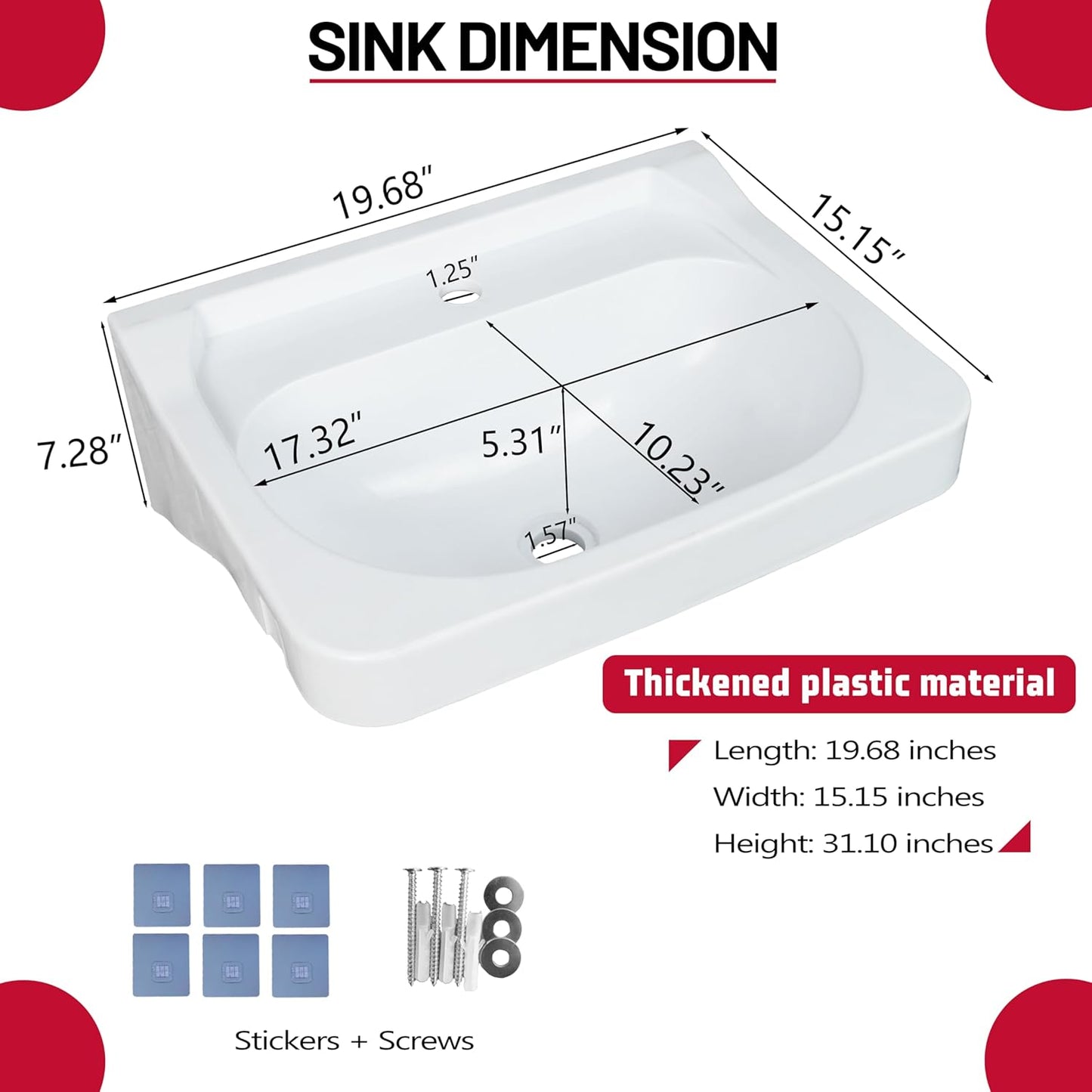 Wall Mount Bathroom Sink 19.7*15.3 No-Drill Installation Self-Adhesive Wash basin with Faucet Hole Bathroom Sinks Floating Vanity Sink for Lavatory Room Basin Plastic Rv Sink forGarage (19.7*15.3*7.1)