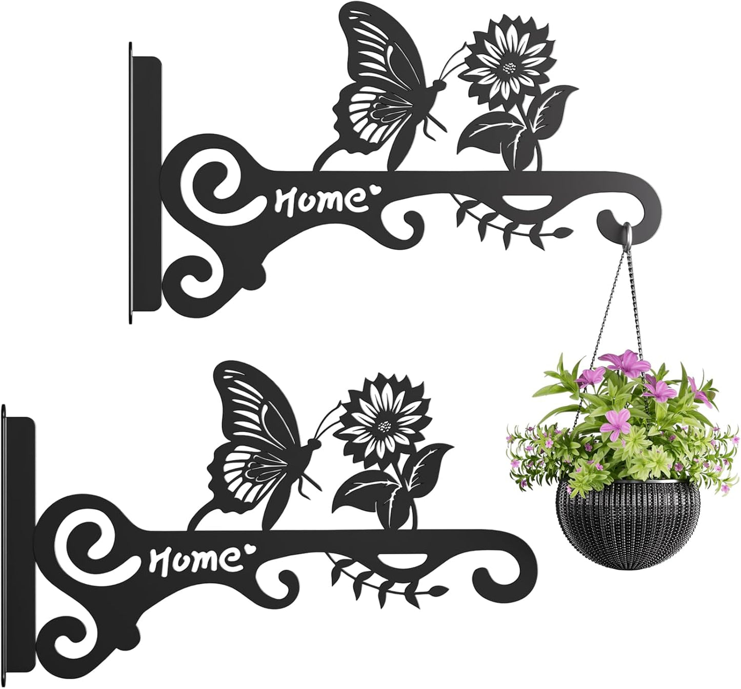 10 Inch Metal Plant Hooks (2-Pack) - Decorative Wall Hangers with Butterfly Design for Indoor & Outdoor Use - Hanging Brackets for Plants, Flower Baskets, Bird Feeders - Patio, Garden, Home Decor