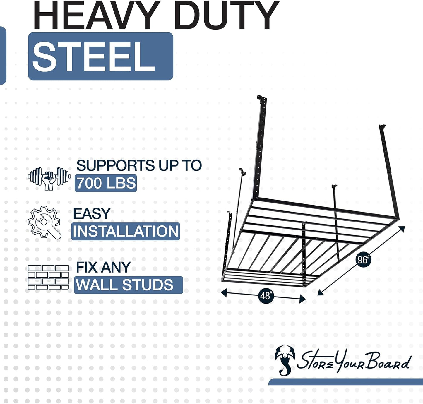 StoreYourBoard 4X8 Garage Storage Rack with Hooks, Ceiling Shelf Overhead Organization, Heavy Duty Steel Platform Holds 700 lbs, 96 in. x 48 in. x 40 in.
