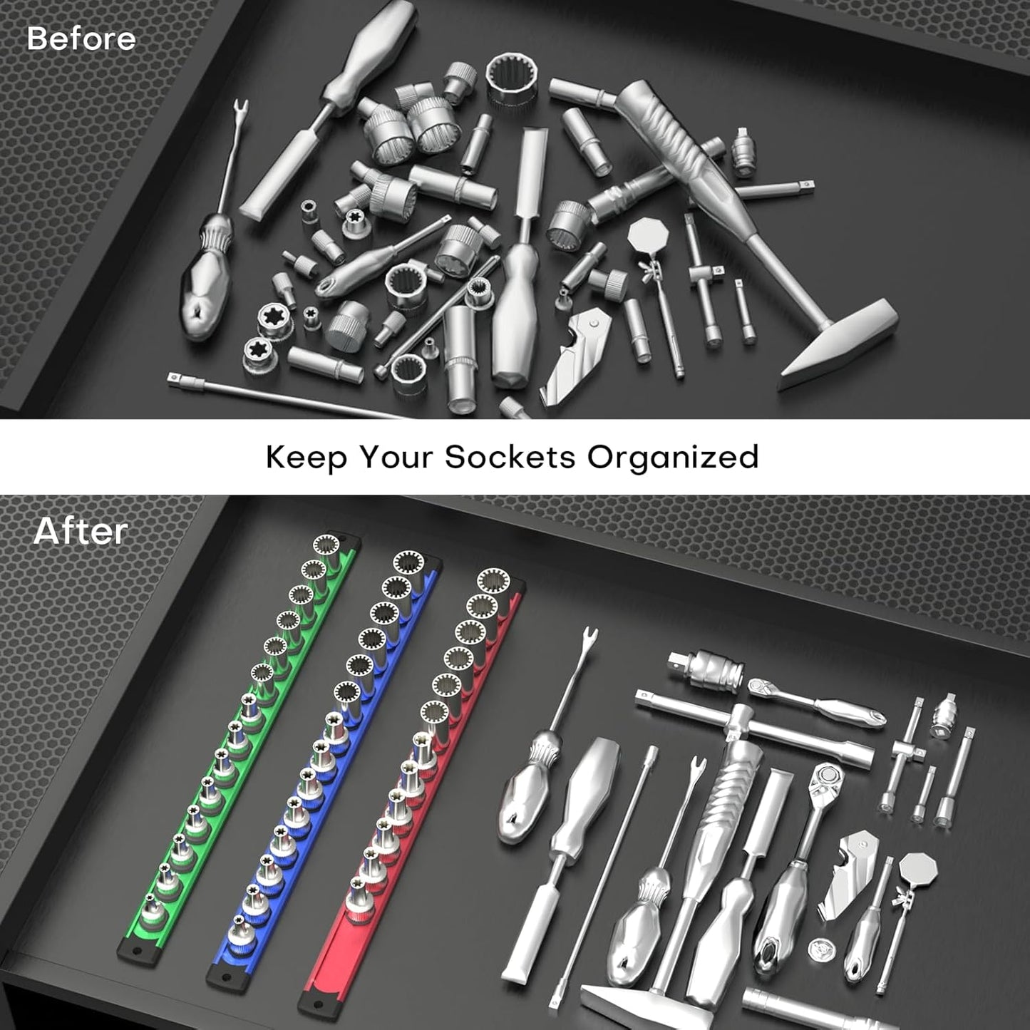 Magnetic Socket Holder Organizer Set, 3-Piece Heavy Duty Socket Rack Kit, 360° Swivel Aluminum Alloy Socket Rail for Tool Box - 1/4-Inch x 14 Clips, 3/8-Inch x 14 Clips, 1/2-Inch x 12 Clips
