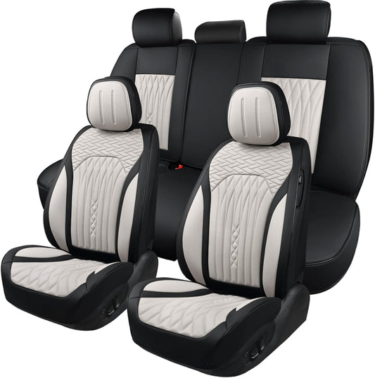 Car Seat Covers Full Set, Leather Seat Covers for Cars, Car Seat Protector Waterproof, Non-Slip Car Interior Covers Fit for Most Cars, SUV, Vans, Trucks,5Seaters,Full Set,Black-White