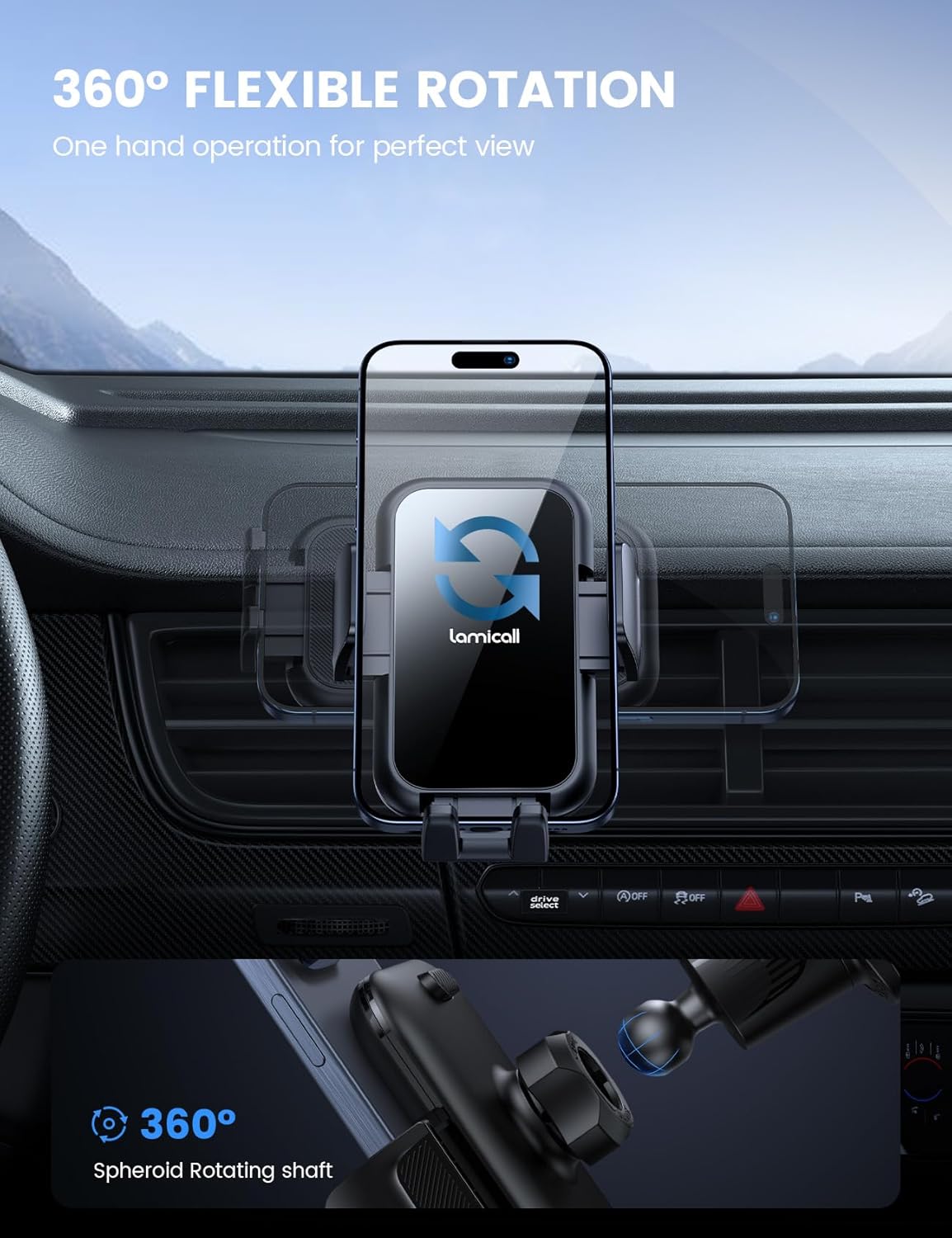 Lamicall 2025 Wider Clamp & Metal Hook Car Phone Holder Vent [Thick Cases Friendly] Phone Holders for Your Car Mount Automobile Hands Free Cradle Vent for iPhone 15 14 13 Pro Max (Lucite Black)