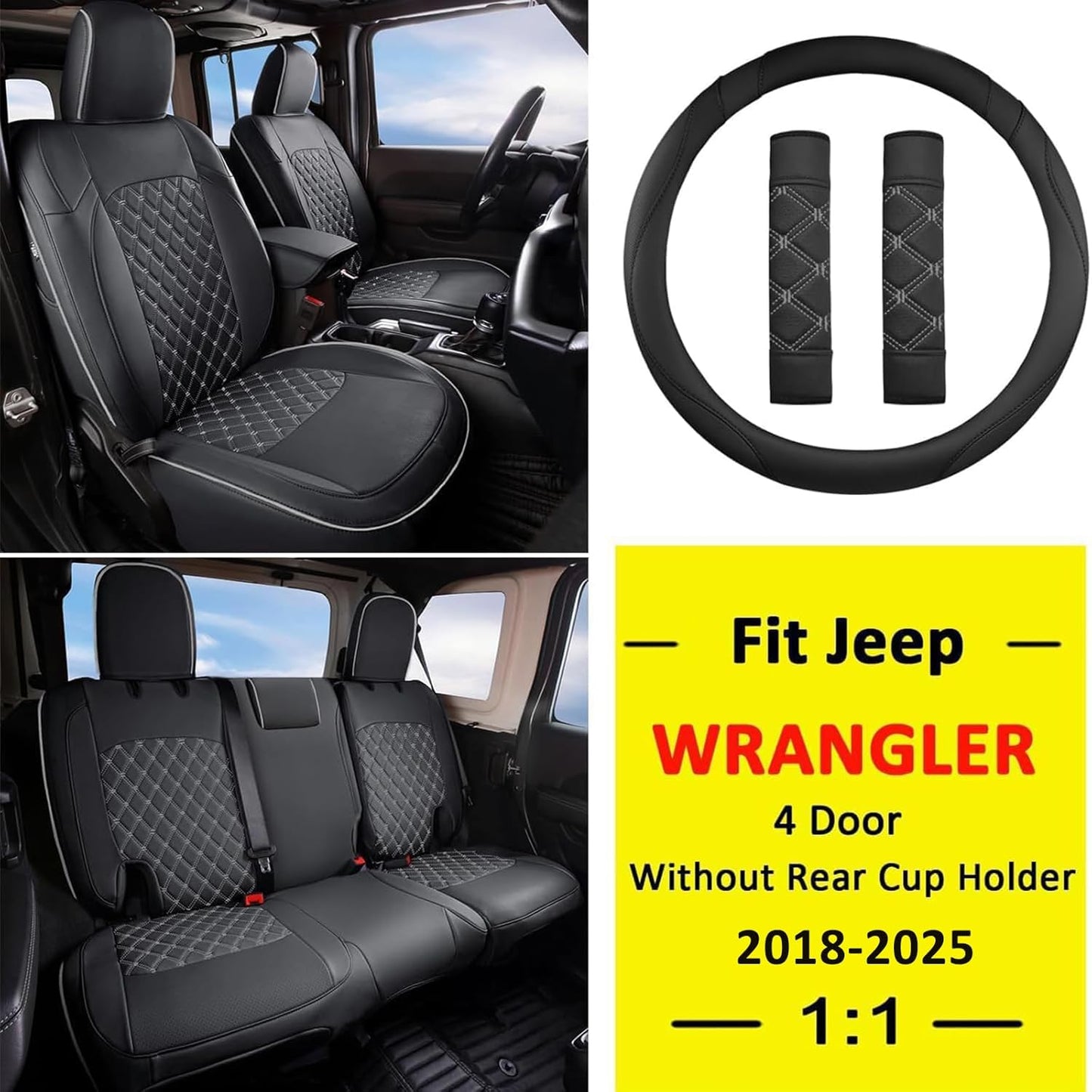 GIANT PANDA Customized Full Set Car Seat Covers for Jeep Wrangler 4 Door JL Sahara Sport Rubicon Willys 2018 2019 2020 2021 2022 2023 2024 2025 Without Rear Cup Holder,Faux Leather - (Black+Gray)