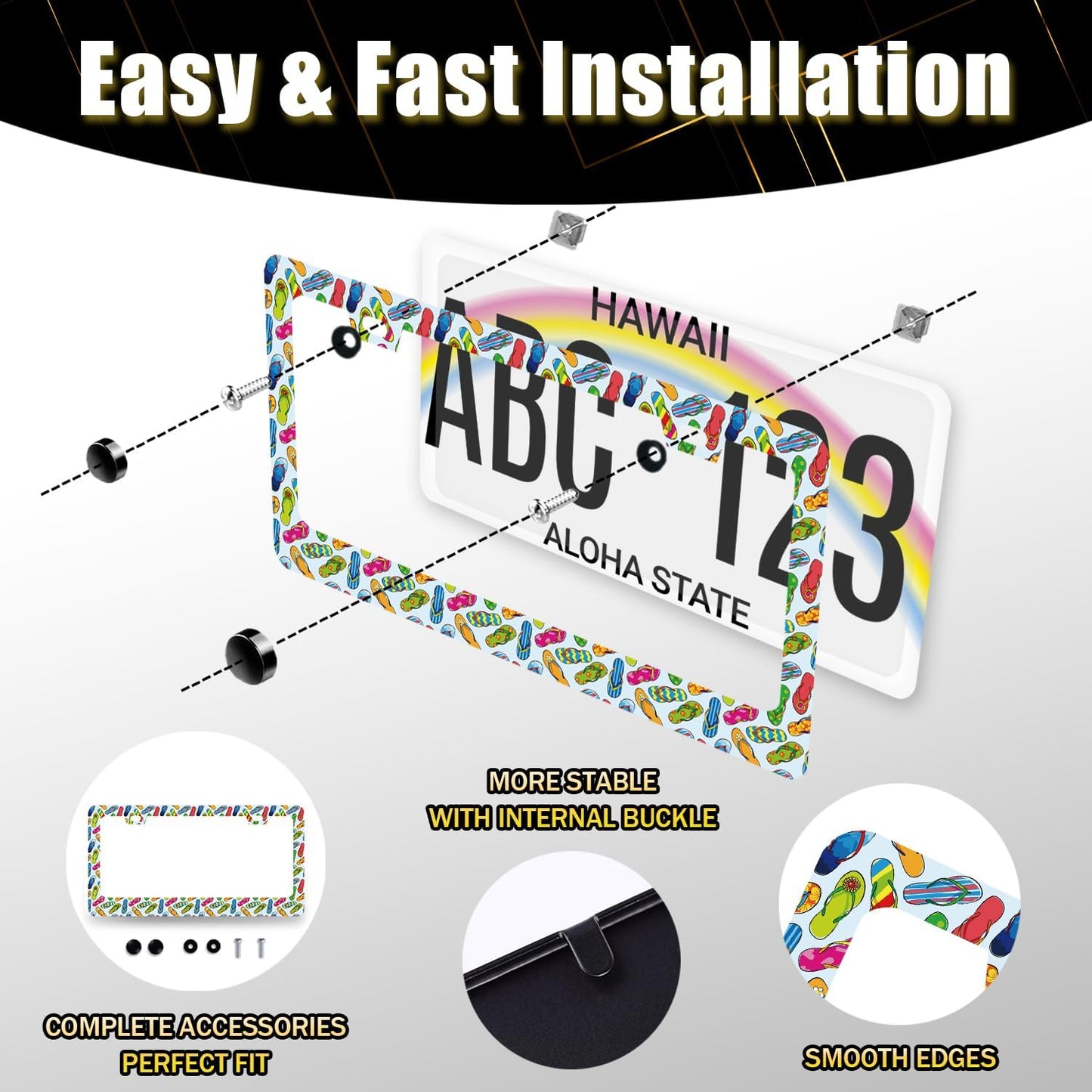 Flip Flops License Plate Frame Beach License Plate Holder Stainless Steel Colorful License Plate Car Accessory Funny License Plate Decoration Men Women Size 12.2" x 6.2" with Screws