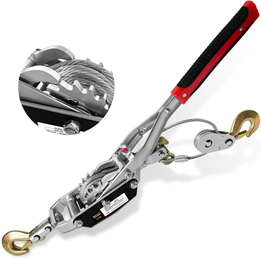 Come Along Winch,4T Capacity with 10FT Steel Cable,Heavy Duty Ratchet Power Puller Tool with Dual Gears,3 Hooks,Hand Winch Tool for Road Vehicle Recovery and Pulling Tree