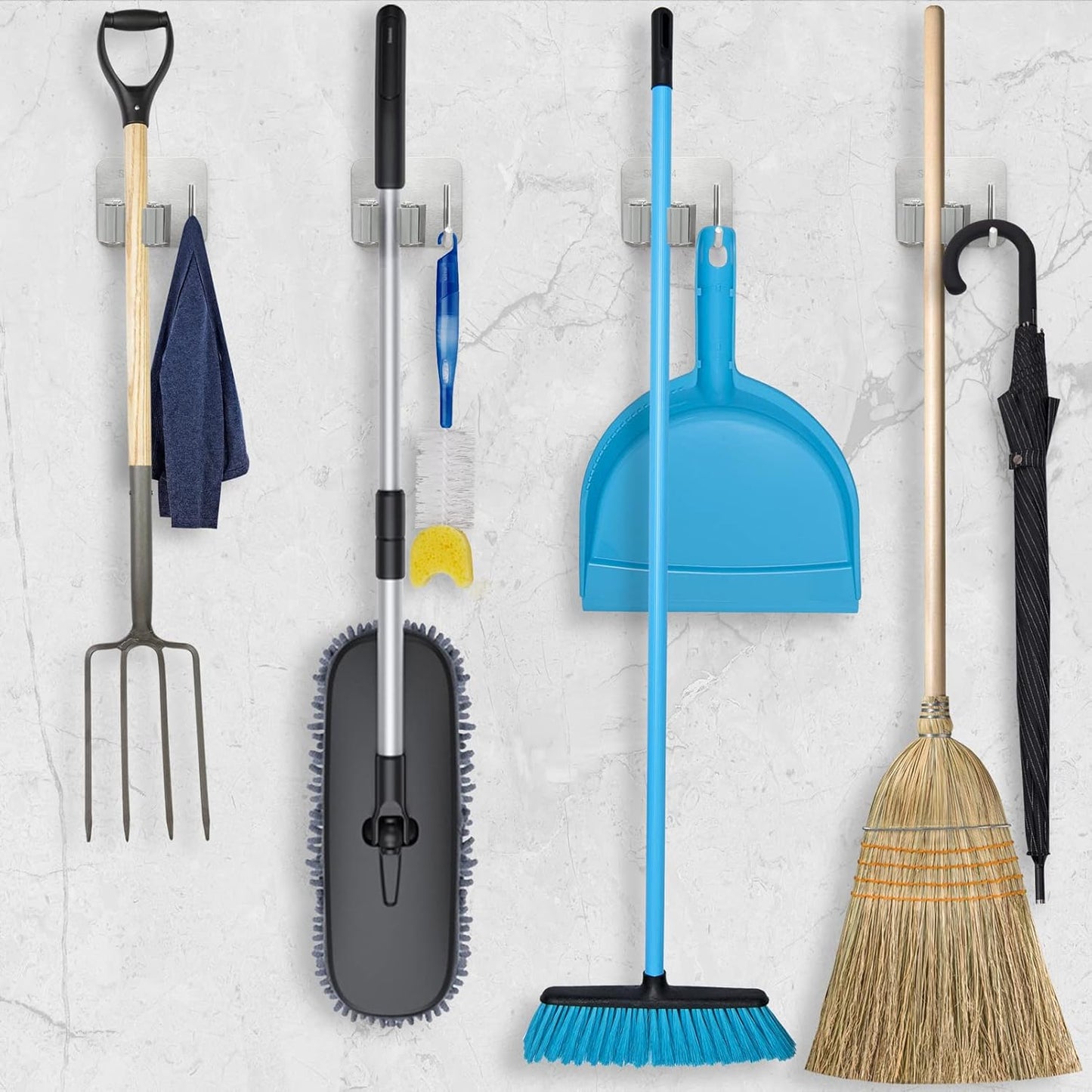 Stainless Steel Broom Holder, Self-Adhesive, 4 Gripper Positions, 4 Hooks, Light and Durable, Easy Installation, Ideal for Organizing Household Items