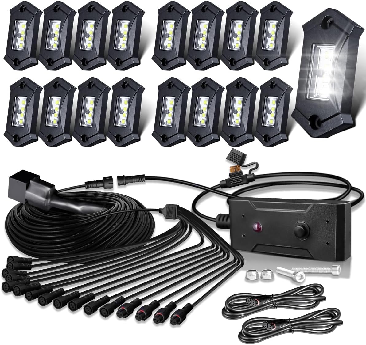 White Rock Lights,LEDMIRCY R3 Pure White LED Rock Lights Kit 16PCS with Switch Wire Harness for Trucks Off Road ATV UTV SUV RZR High Power Under Body Light Waterproof Shockproof Trail Rig Light