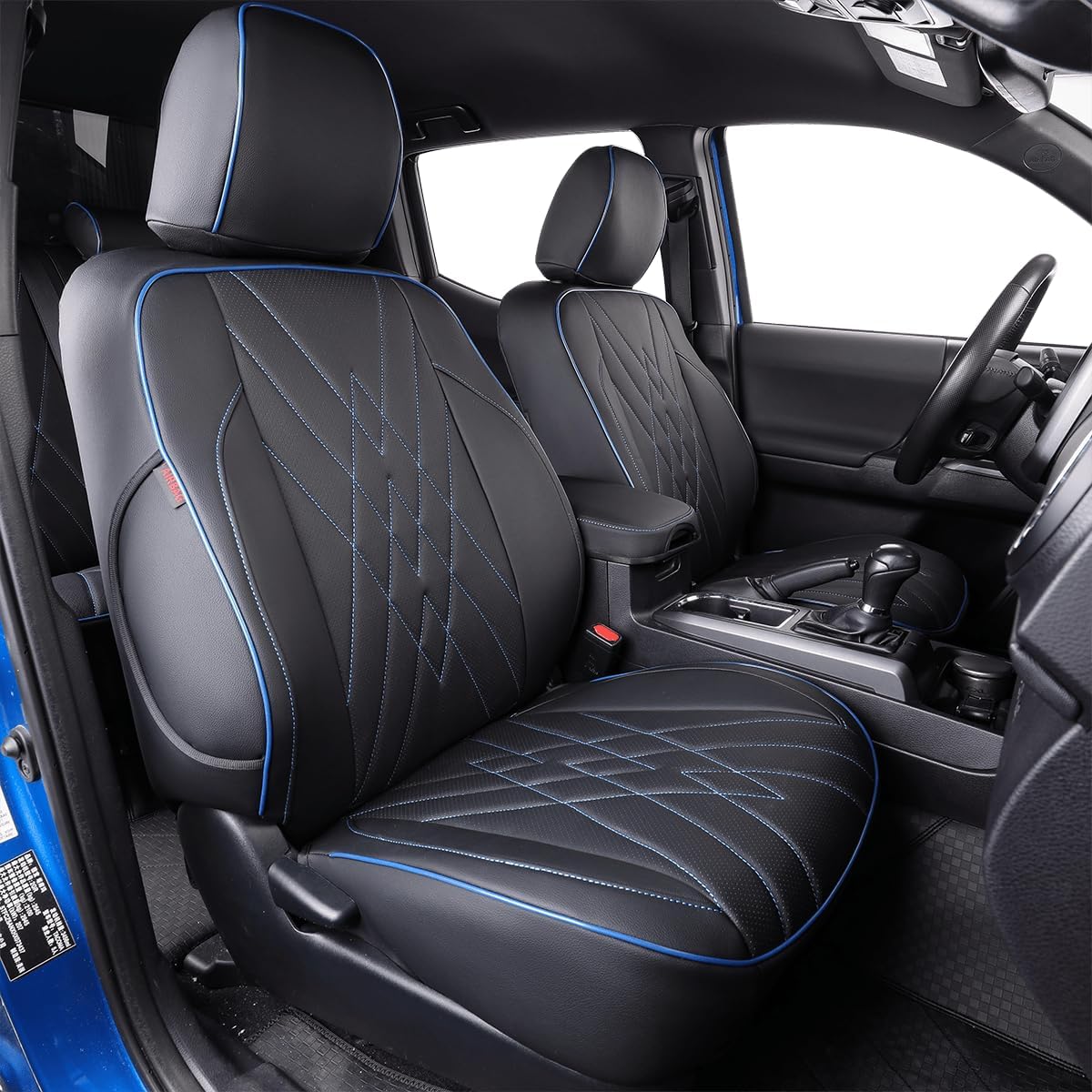 EKR Custom Fit Tacoma Car Seat Covers for Select Toyota Tacoma 2016 2017 2018 2019 2020 2021 2022 2023 Access Cab -Full Set,Leather (Black with Blue Trim)