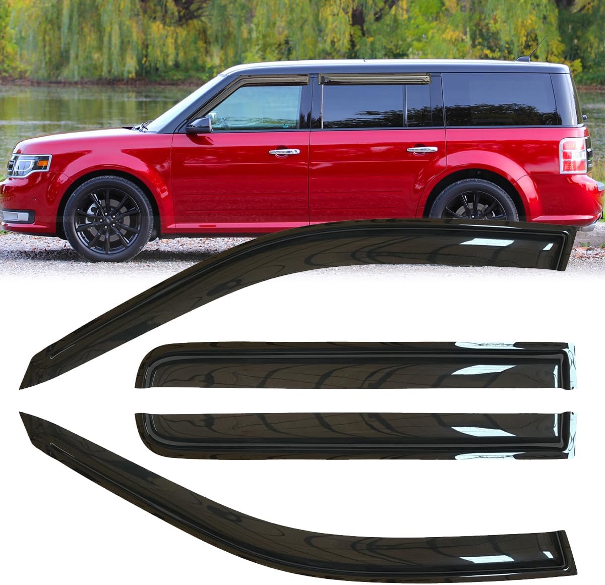 4pcs Original Shatterproof Rainproof Side Window Wind Deflectors Tape on Sun Rain Guards Durable Vent Window Visors Compatible with 2009-2019 Ford Flex 94079