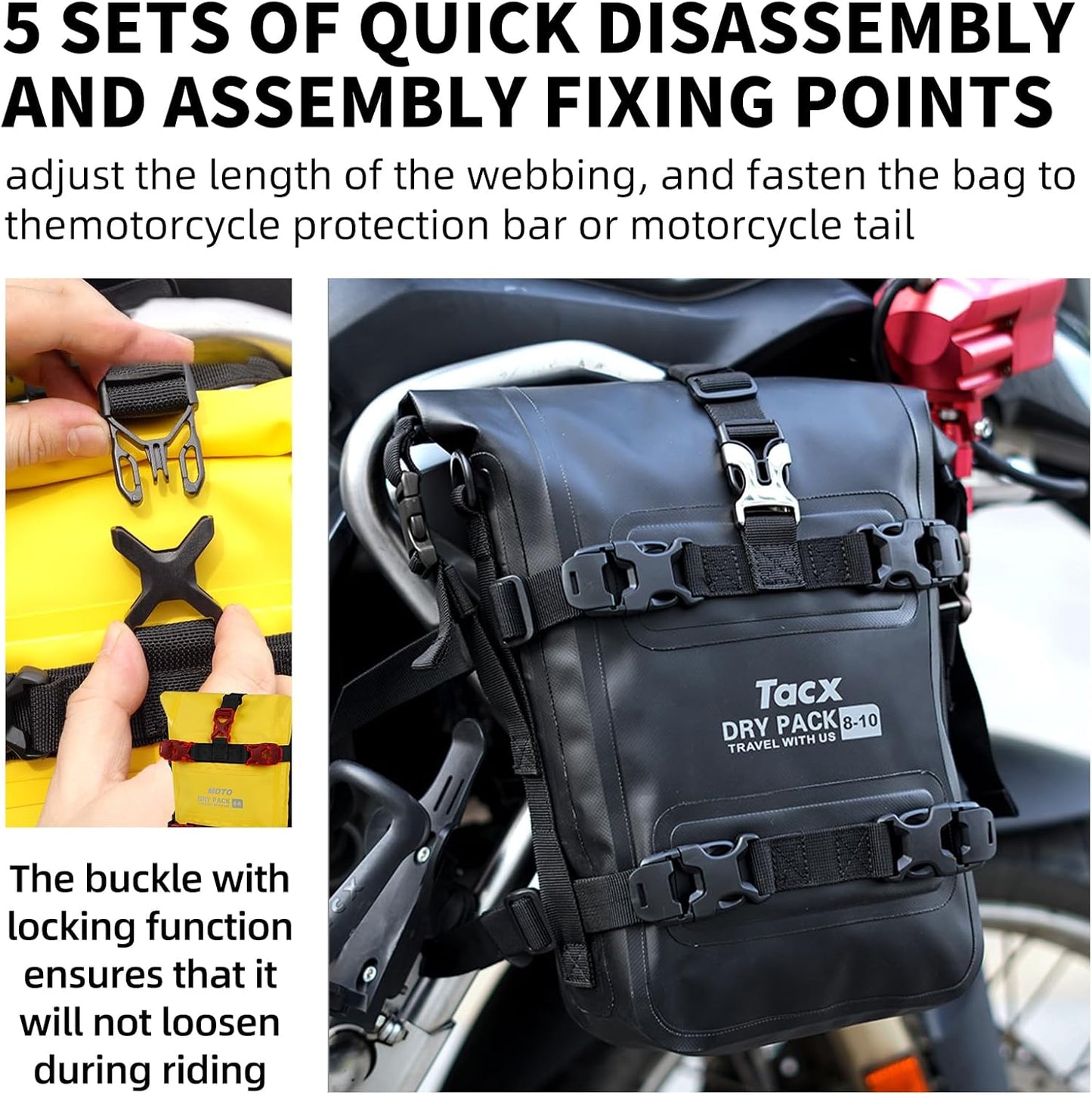 Motorcycle Tail Bag Front Bumper Bag, 8L Roll-top Waterproof Motor Saddle Panniers Luggage Bags for Motorcy-Black