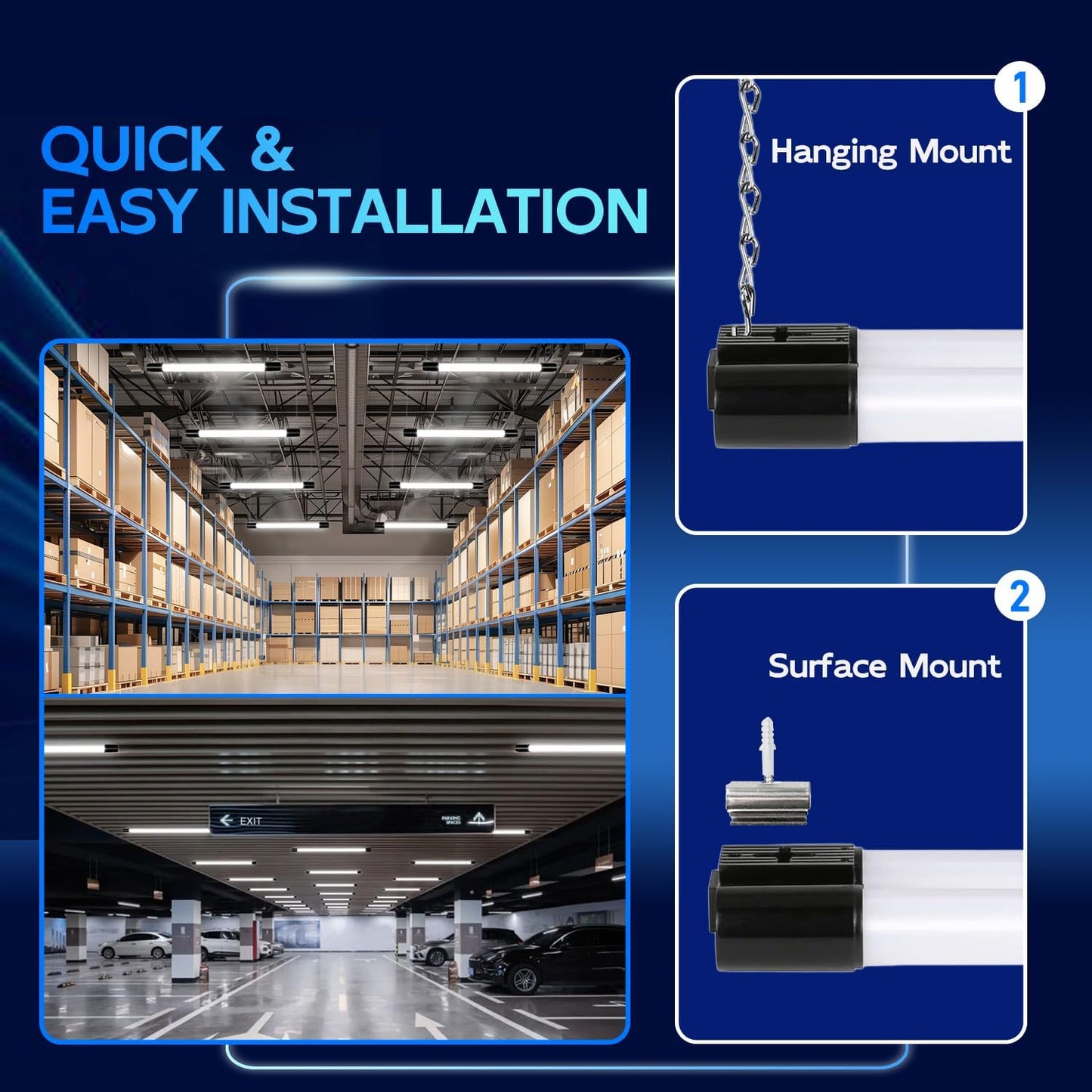 hykolity 4 Pack Linkable LED Shop Light, 4FT 42W [250W Equivalent], 4400lm, 5000K Daylight, with Plug, Utility Light Fixture, Hanging or Surface Mount, Black