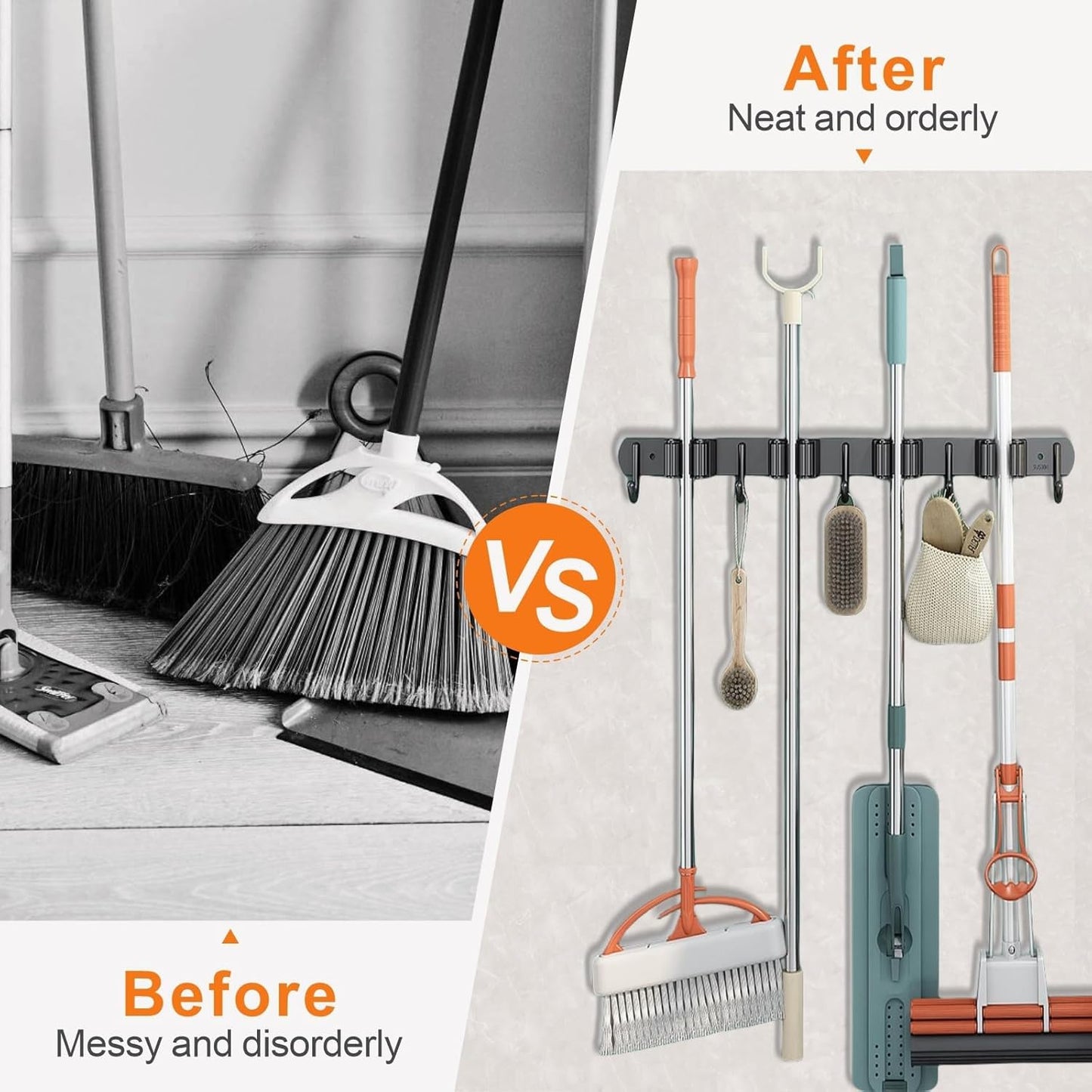 2 Pack Mop and Broom Holder Wall Mount, Non-slip Broom Hanger Wall Mount, Heavy Duty Mop Broom Organizer for Kitchen Garden Garage Laundry Room Wall Decor Organization and Storage Black 4R5H