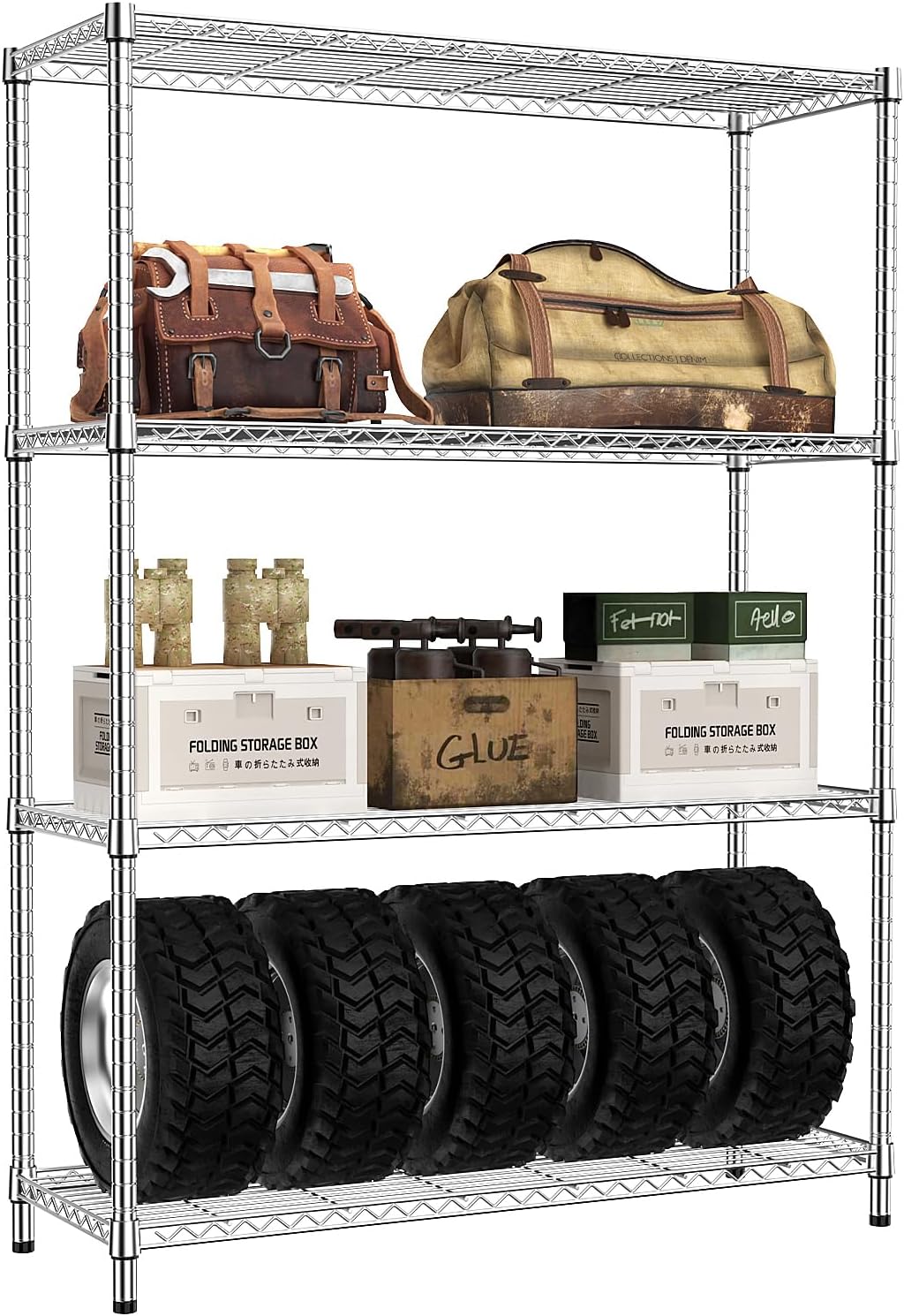 IZEUK 1400 LBS Garage Chrome Shelving Wide Storage Shelves 4 Tier Adjustable Heavy Duty Metal Wire Rack Standing Shelf Unit for Kitchen Office College Dorm Garage Warehouse 15.8" x 45.8"x 59.4"