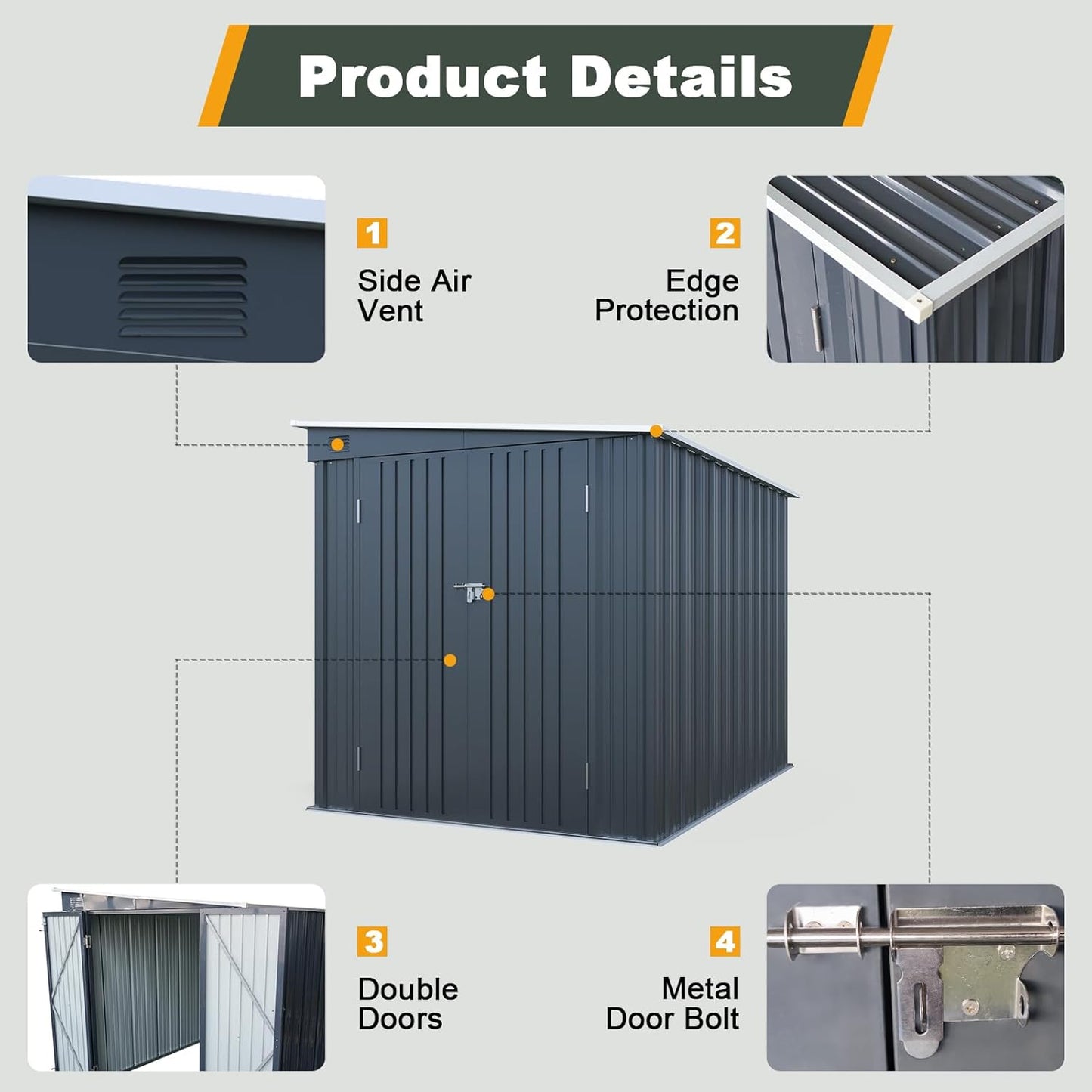 6x8FT Outdoor Storage Shed with Lockable Double Doors, Metal Lean to Garden Shed with Free PC Light Board for Tools, Small Outside Storage Shed Waterproof for Backyard, Patio, Gift for Dad