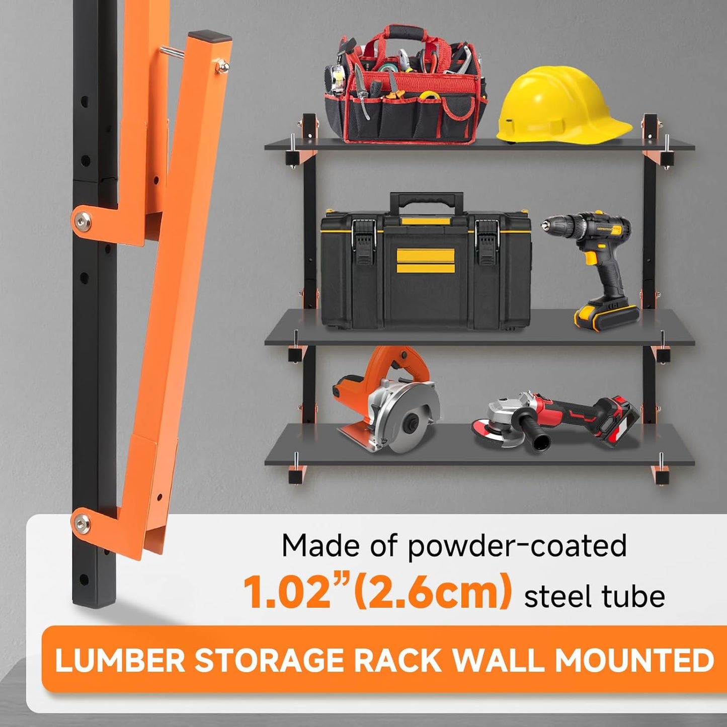 6 Pack Lumber Rack Wall Mount, Heavy Duty Wood Storage Racks, 9-Level System Organizer Shelving, 1080 LBS Capacity Hanging Garage Shelves, Orange Brackets Utility Metal Shelf for Indoor and Outdoor