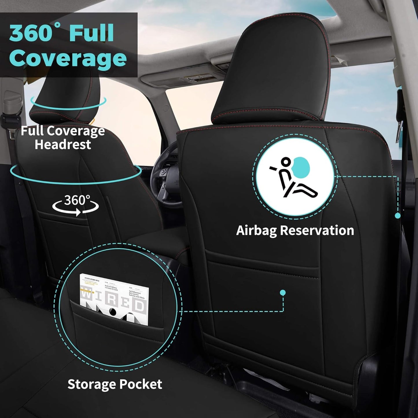 Seat Covers for Toyota 4Runner 2011-2024, Faux Leather Car Seat Cover Full Set, 2-Row-Only for 5 Seats Version-BlackRed