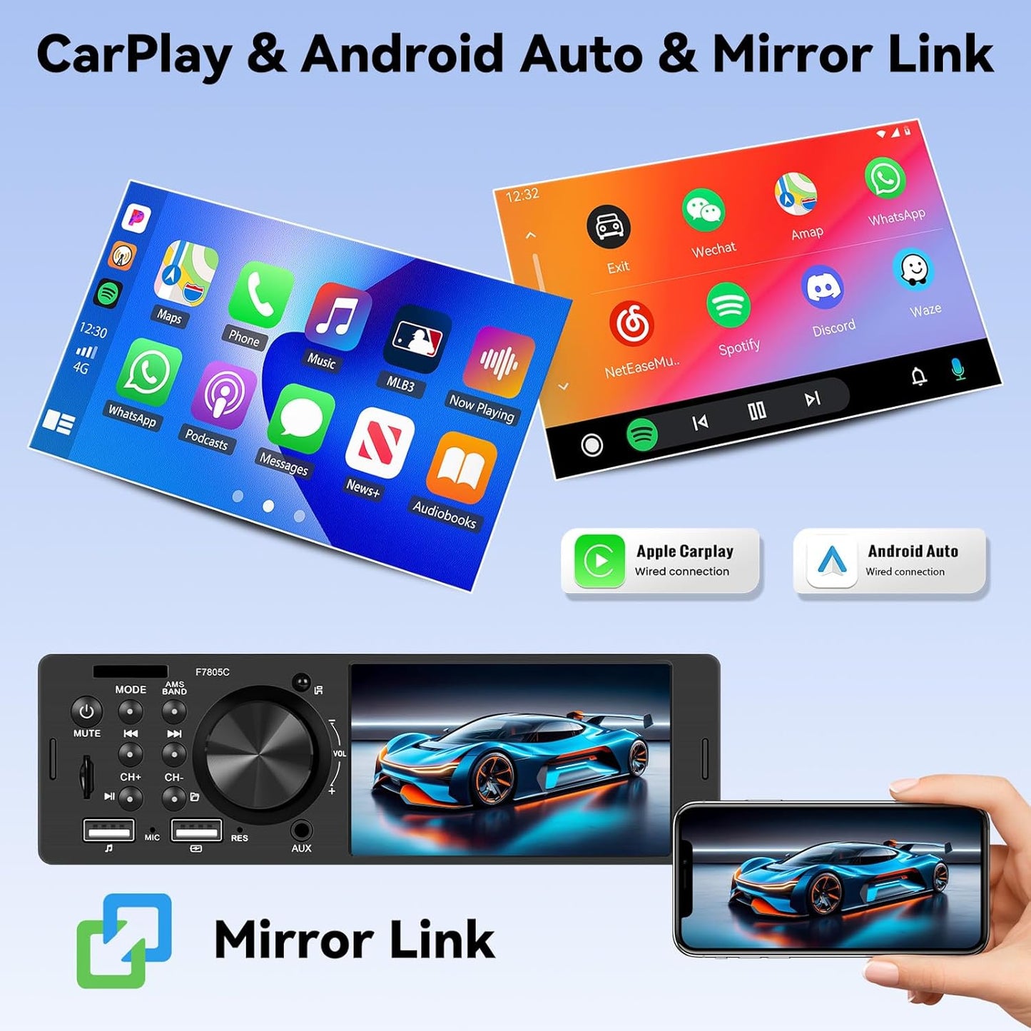 Single Din Touch Screen Car Radio with CarPlay Android Auto 4 Inch Bluetooth Car Stereo Receiver Hands-Free Calling Audio FM 2 USB AUX SD Card Input, Mirror Link MP5 Player SWC + Backup Camera