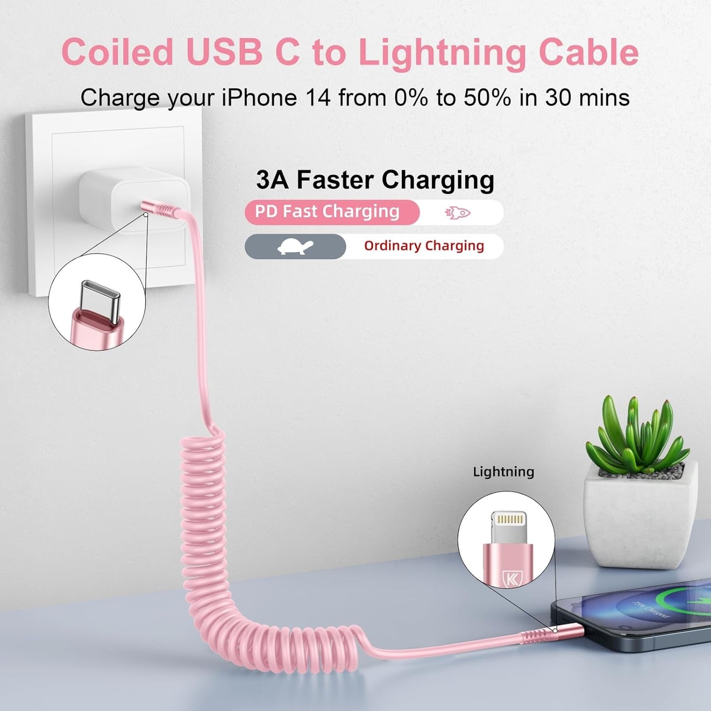 KIYODA USB C to Lightning Cable 3FTfor Car, Coiled iPhone Charger Fast Charging Short USBC Lightning iPhone Cord for iPhone14/13/12/11 Pro Max/iPad/CarPlay- 2Pack Pink