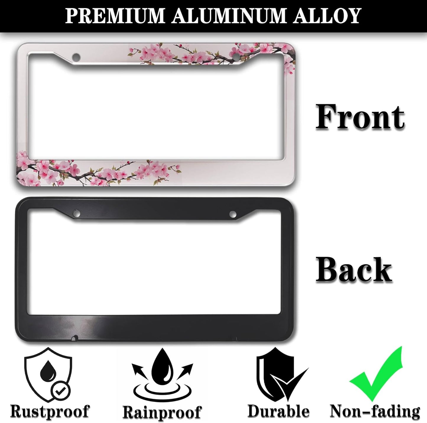 License Plate Frames for Men Powder License Plate Frame for Women Beautiful Cherry Blossom Aluminum Metal Car Accessory 2 Pack with Screw Covers Set