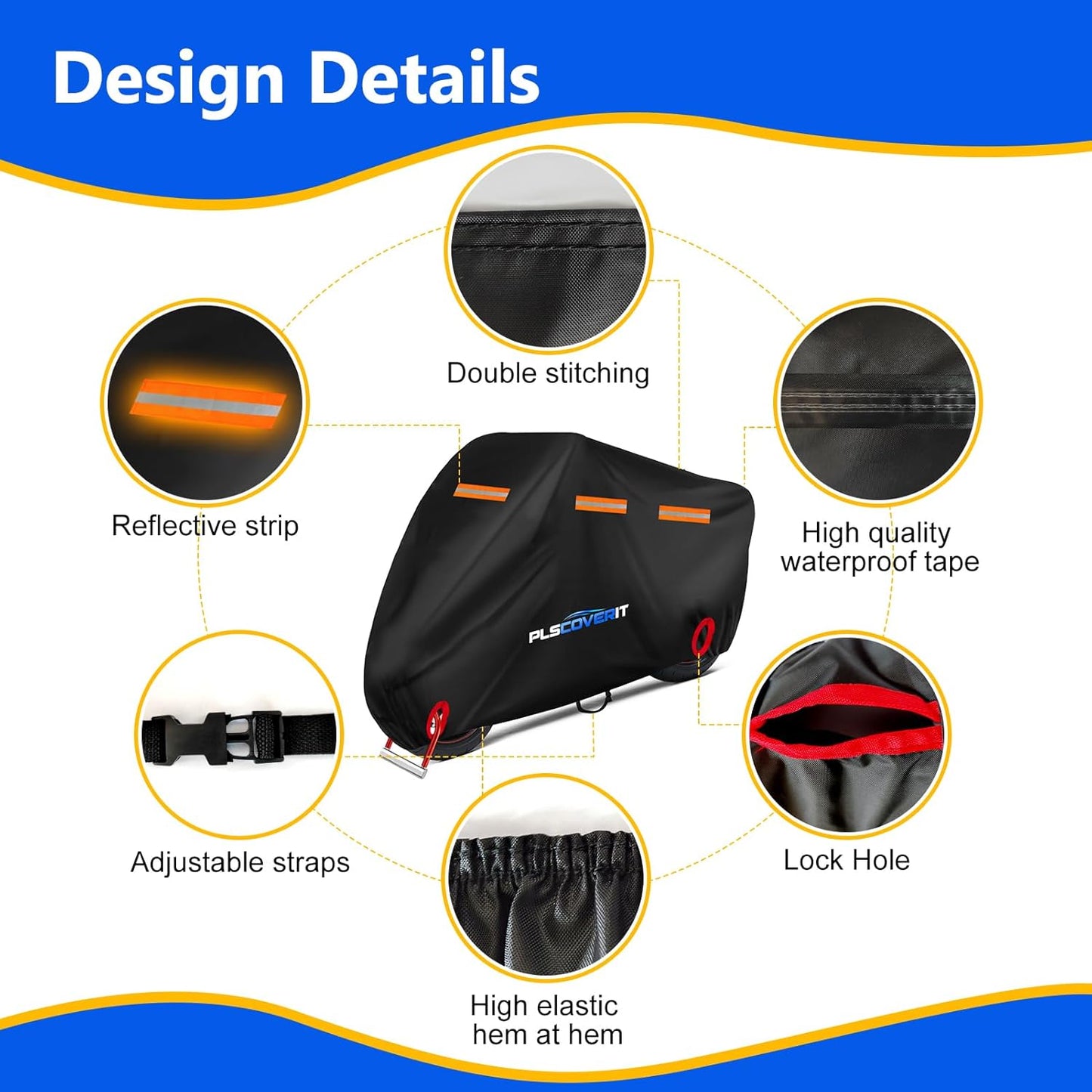 Motorcycle Cover, 600D Heavy Duty Waterproof Motorbike Cover,Dustproof Motorcycles Vehicle Cover Scooter Shelter Protection with Reflective Strips & Storage Bag 105" x 41" x 50"