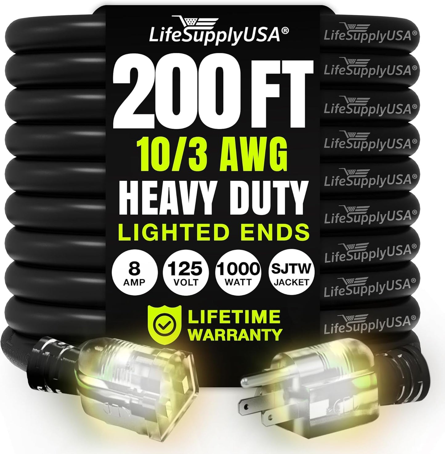 200ft Outdoor/Indoor Extension Cord 10/3 Gauge Ultra Heavy Duty 3 Prong SJTW, Waterproof, Flexible Cold-Resistant Long Power Cord,10A 125V 1000W, Black by LifeSupplyUSA