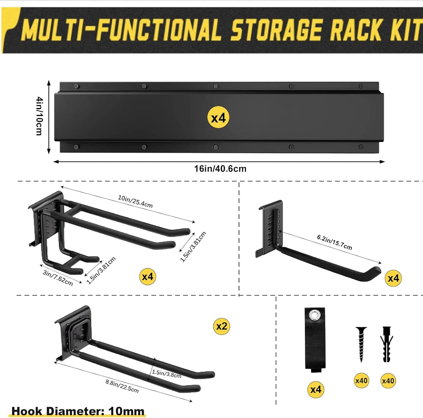 64'' Garage Tool Organizer Wall Mount, 18 PCS Adjustable Garden Tool Hanger Rack, Garage Hooks Heavy Duty, Shovel Holder Wall Mount, Storage Hooks for Hanging in Garage