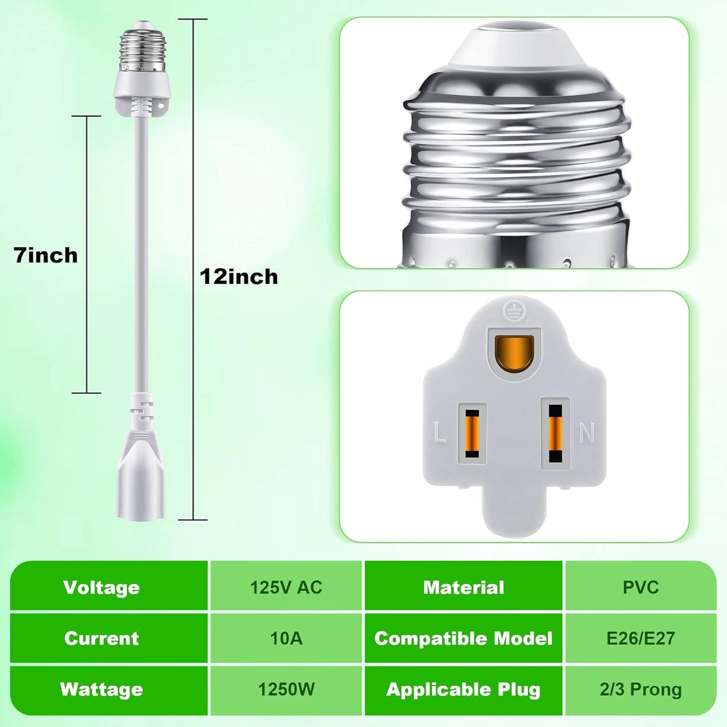 Feekoon 1 Pack 3 Outlet Light Socket Adapter, Convert E26/E27 Bulb Socket to 3 Prong Outlet with Extension Cord, Light Bulb Plug Adapter Converter Suitable for Outdoor Porch Garage Patio Use (White)