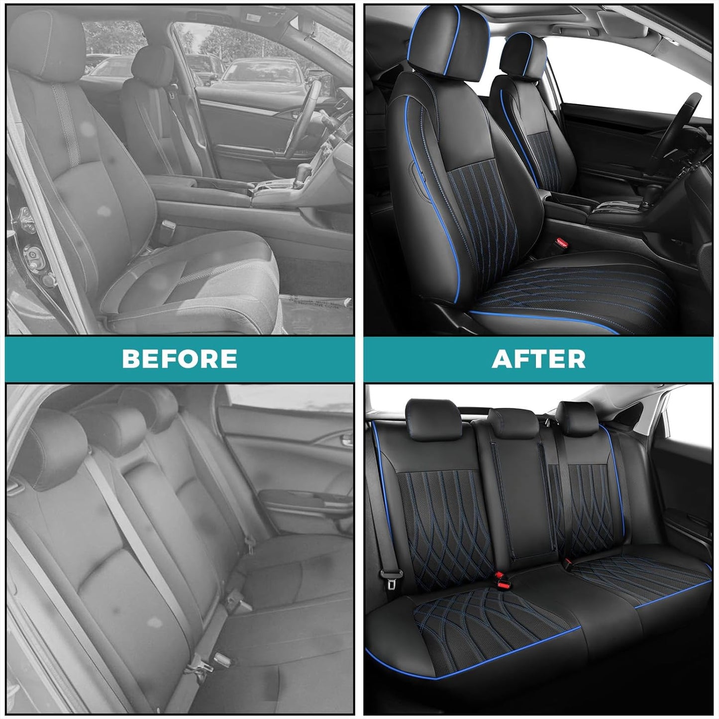 Seat Covers for Honda Civic Sedan LX 2016 2017 2018 2019 2020 2021, Faux Leather Car Seats Cover Full Set (Rear Row Solid & No Folding Backrest)-BlackBlue