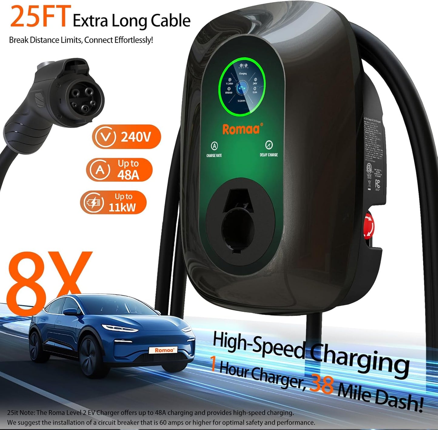 Level 2 EV Charger 48 Amp, J1772 Charger, Hardwired Electric Car Charger, APP Control, 25ft Cable, Wall Mount EV Charger Level 2 for Home, Electric Vehicle Charging Station