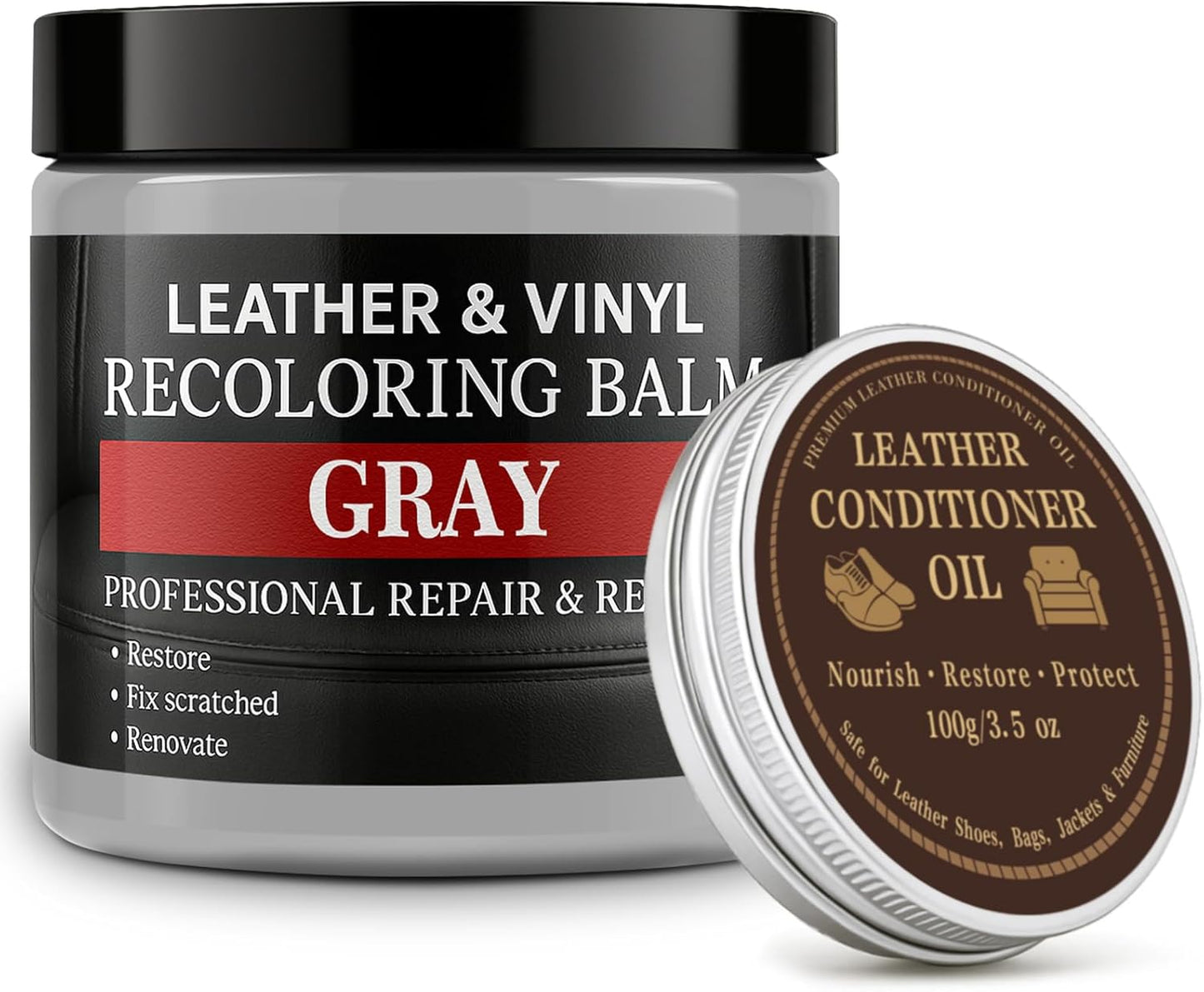 Leather Color Restorer, Leather Recoloring Balm, Scratch Remover, Leather Dye, Leather Paint with Leather Conditioner, Leather Repair Kit for Furniture Couches Car Seats Shoes, Gray