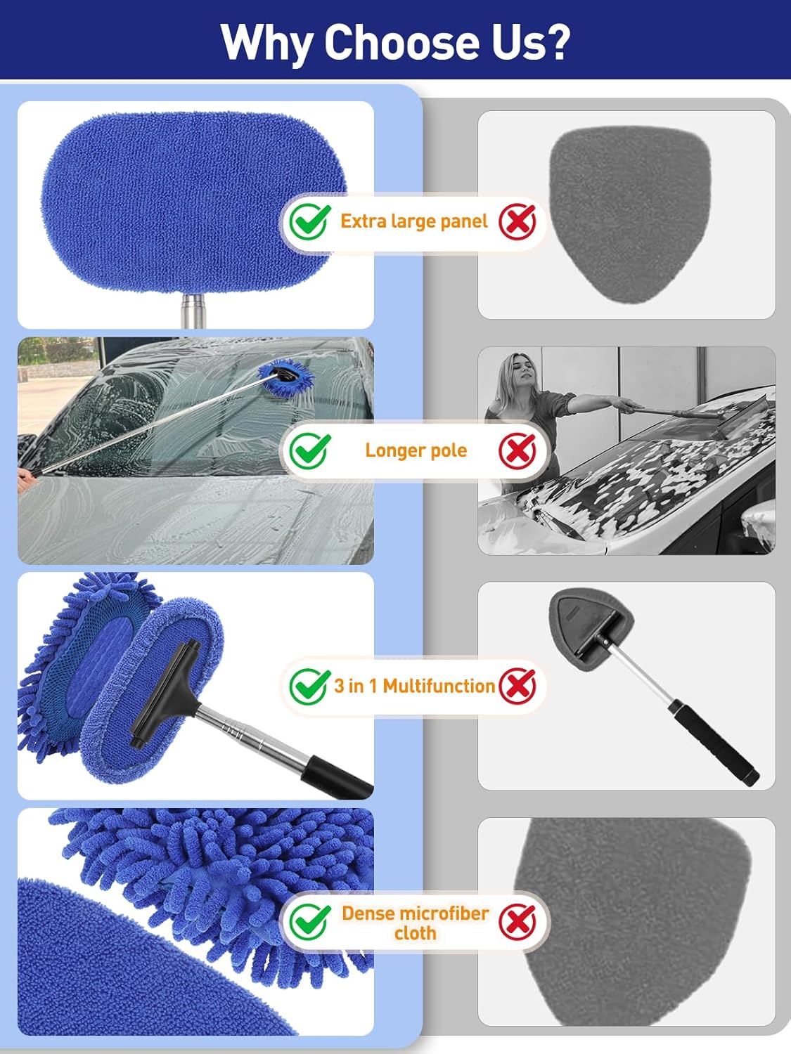 3 in 1 Car Windshield Cleaner Tool 40”Car Rearview Mirror Wiper Squeegee Wash Brush Extra Large Washable Microfiber Pad Extendable Handle Auto Window Glass Cleaning Kit Interior Exterior Dusting