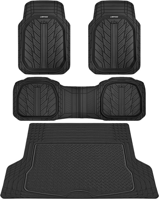 CAR PASS Deep Dish Floor Mats for Cars, Heavy Duty Rubber Floor Mats with Trunk Cargo Liner, Universal Trim-to Fit Automotive Floor mats for Truck Van SUV Waterproof All Weather Car Mats Solid Black
