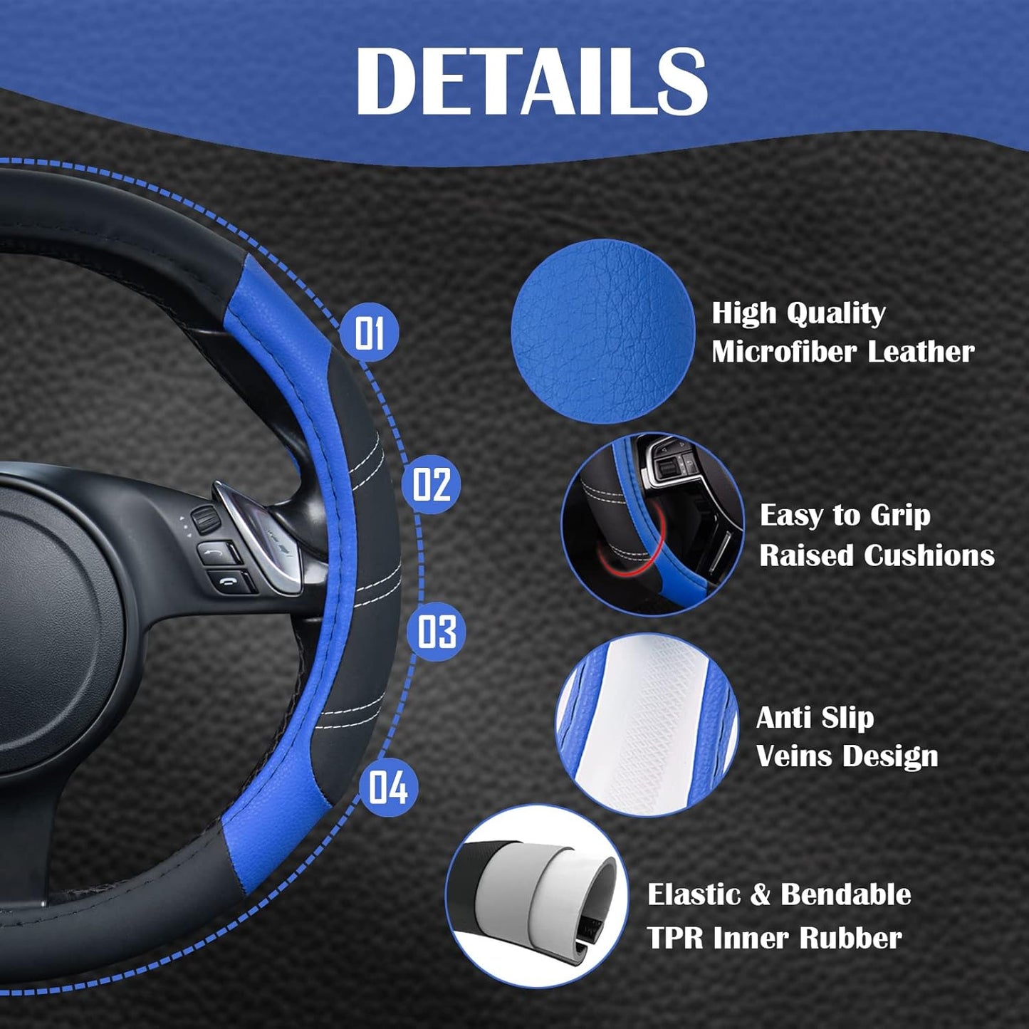 CAR PASS Line Rider Microfiber 15.5-16 Inch Leather Sporty Steering Wheel Cover Universal Fits for Truck SUV Cars Pick up, Anti-Slip Safety Comfortable Design (Black and Blue)