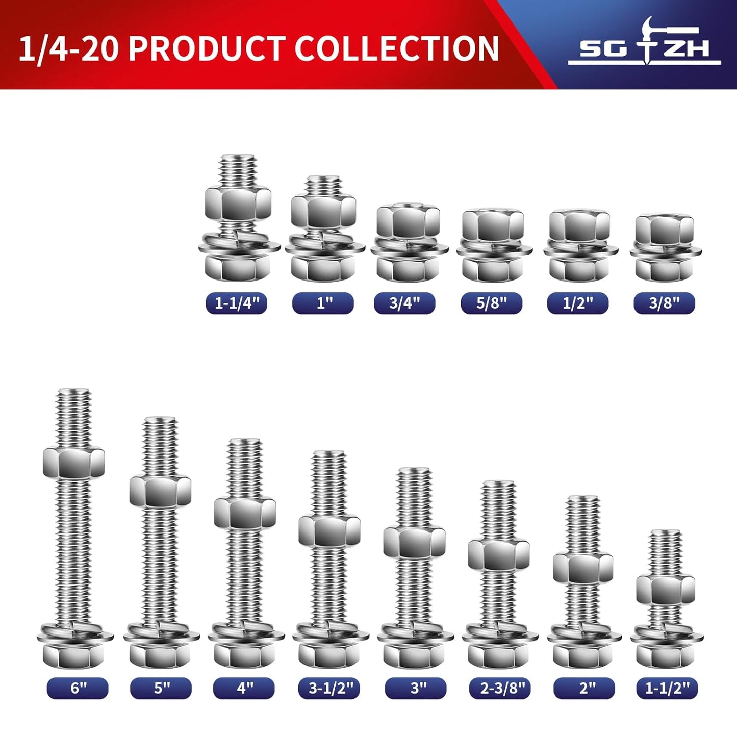 1/4-20 x 4" Hex Head Screw Bolt, Nuts, Flat & Lock Washers, 20Pcs 18-8 (304) Stainless Steel, Fully Threaded, by SG TZH