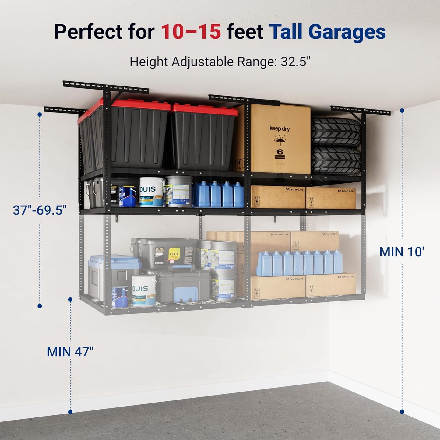 FLEXIMOUNTS 4x8 2-Tier Overhead Garage Storage Rack – Adjustable Heavy Duty Metal Garage Ceiling Storage Racks, 1000 lbs Capacity – Garages Organization System for 10–15 ft Tall Garages, Black