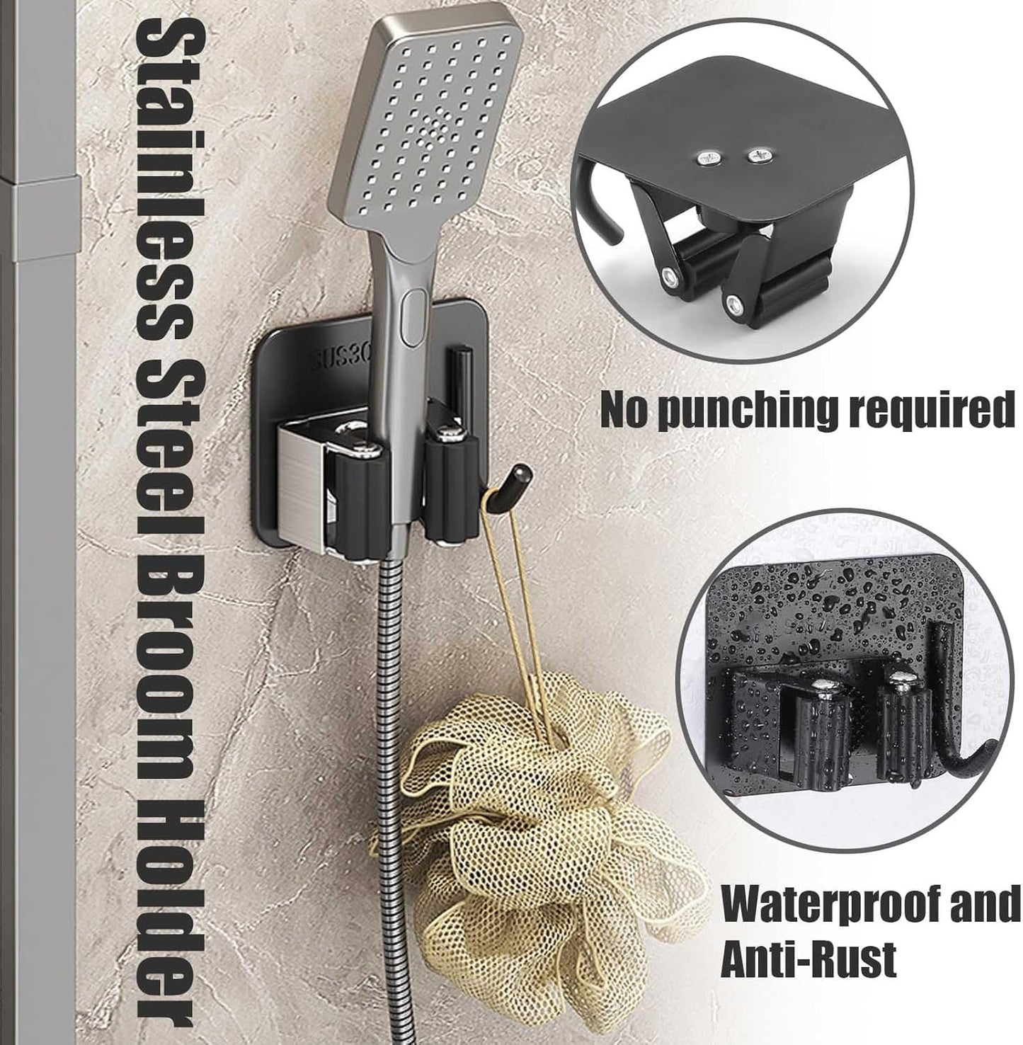 Stainless Steel Mop and Broom with Hook, Heavy Duty Rust Resistant Self Adhesive Mop and Broom Holder Wall Mount for Bathroom, Kitchen, Office, Garden, Garage, With 3M VHB Sticky Pads