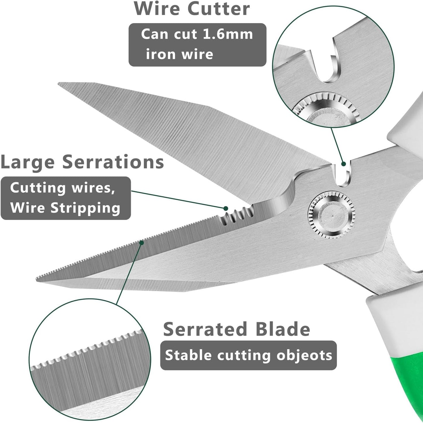 Utility Scissors Heavy Duty: sharp Scissors All Purpose heavy duty, Easy Cutting Carpet, Cardboard, Wires, Leather, Fabric（8'' Green）