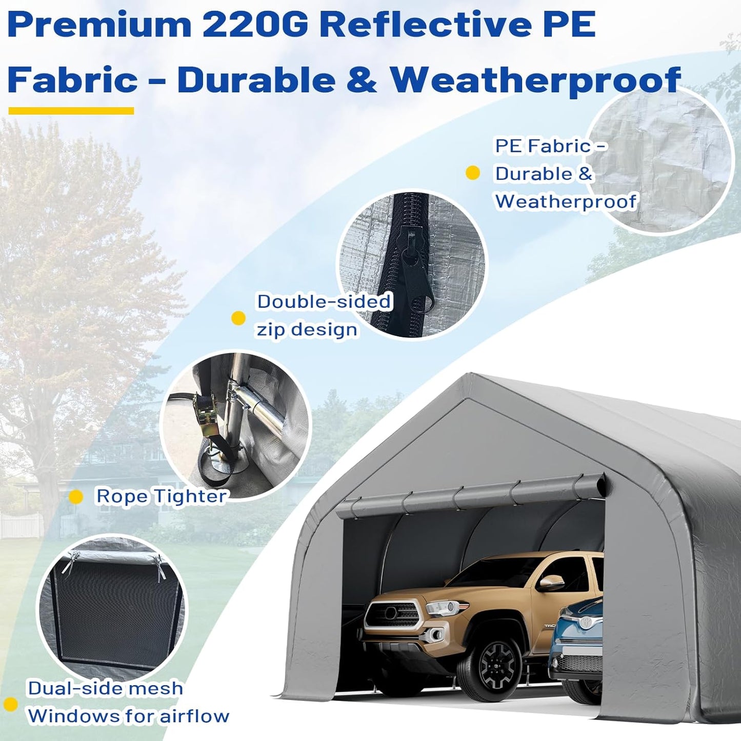 EROMMY 20x20 FT Heavy Duty Durable Carport, Galvanized Steel Frame Garage Shelter and Outdoor Storage, Waterproof 3-Layer PE Cover, Fits 2 Cars, Boat, Farm Equipment, Silver Gray